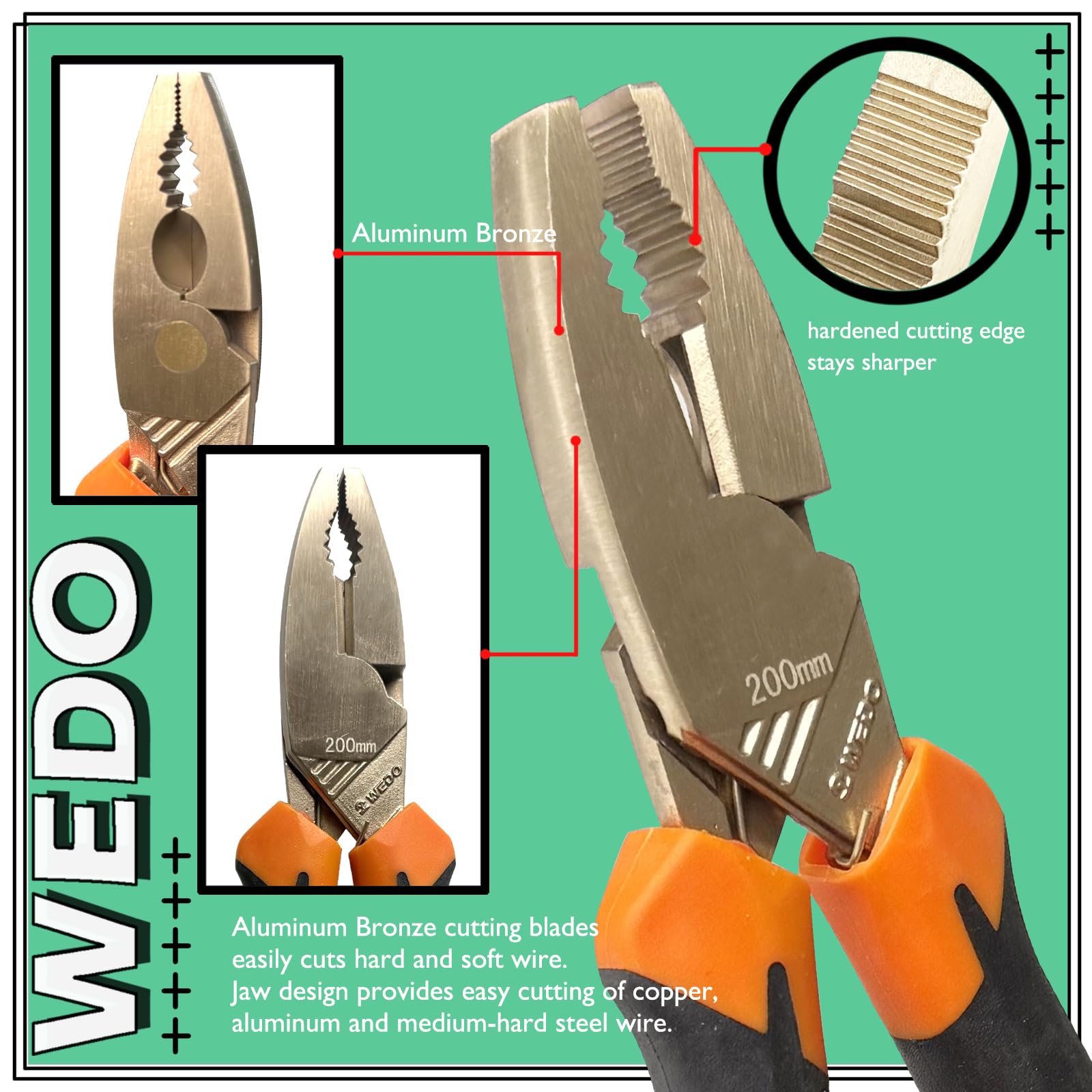 WEDO Lineman's szczypce, obcinacz boczny, kombinerki, szczypce do ściągania drutu, długość 200 mm, brąz aluminiowy, nieparkingowe, certyfikat BAM i FM