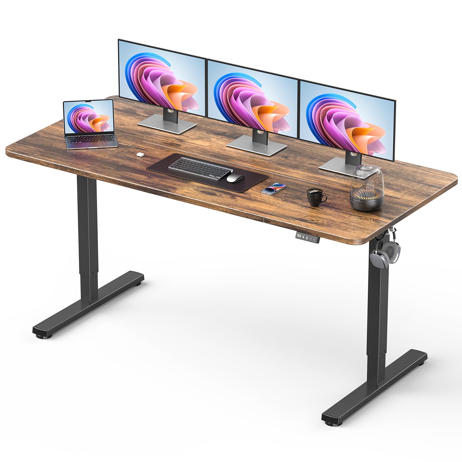 Standing Desk, Large Height Adjustable Electric Stand up Desk, 63 x 24 Inches Sit Stand Home Office Desk, with Splice Board, Black Frame/Rustic Brown Top