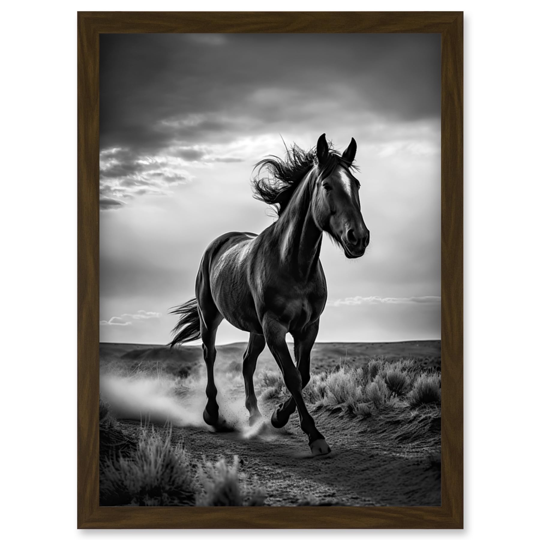 Artery8 Horse Galloping Desert Landscape Black and White Artwork Framed Wall Art Print A4