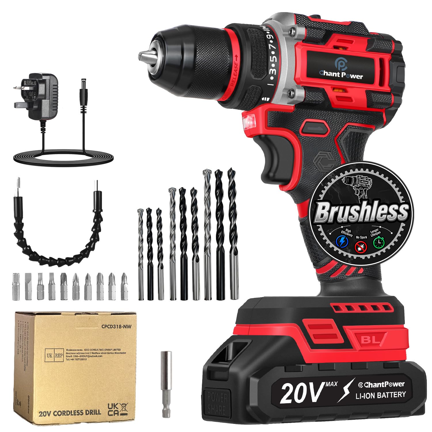 C P CHANTPOWER 40Nm Brushless Cordless Drill Set, 20V Power Drill Driver Kit with 2.0Ah Battery and Charger, 10mm Metal Chuck, Electric Drill Set, 2-Variable Speed, 25+1 Torque and 22pcs Accessories