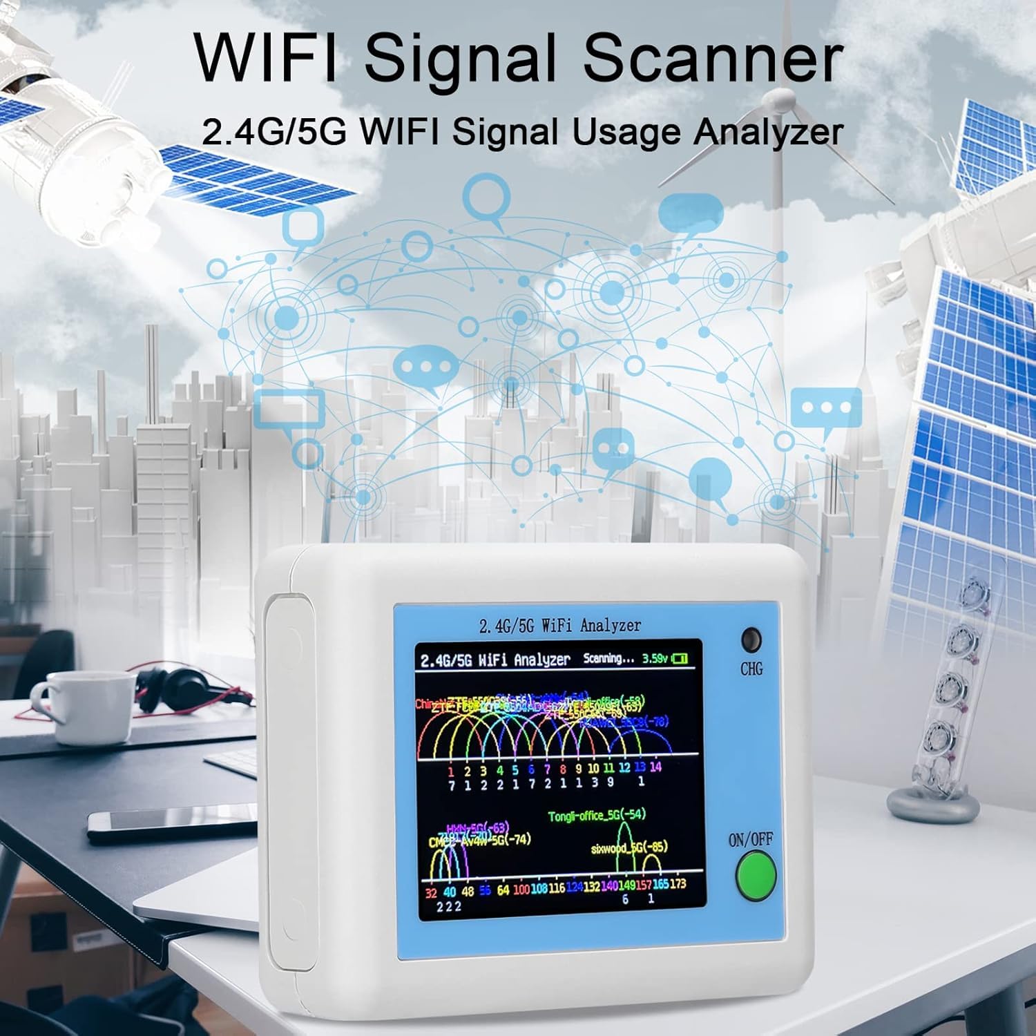 Analyseur WiFi, Testeur Réseau Double Bande 2.4G/5G avec Écran Couleur 2.4, Charge Type-C, Batterie 600mAh pour surveillances Signal, Optimisation Canal