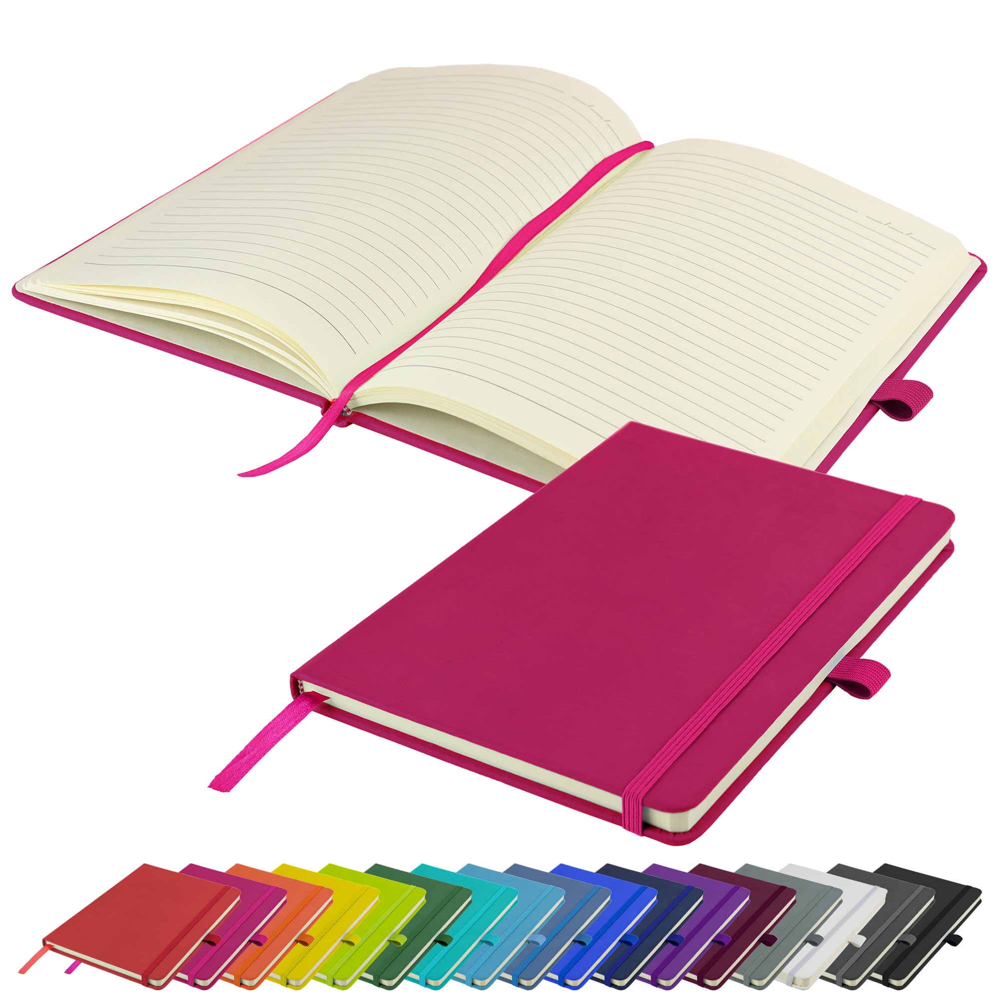 A5 Notebook New Lined Hardback Journal with pen loop, elastic closure & ribbon page marker Notepad Note Book Notes Diary Pad (Pink)