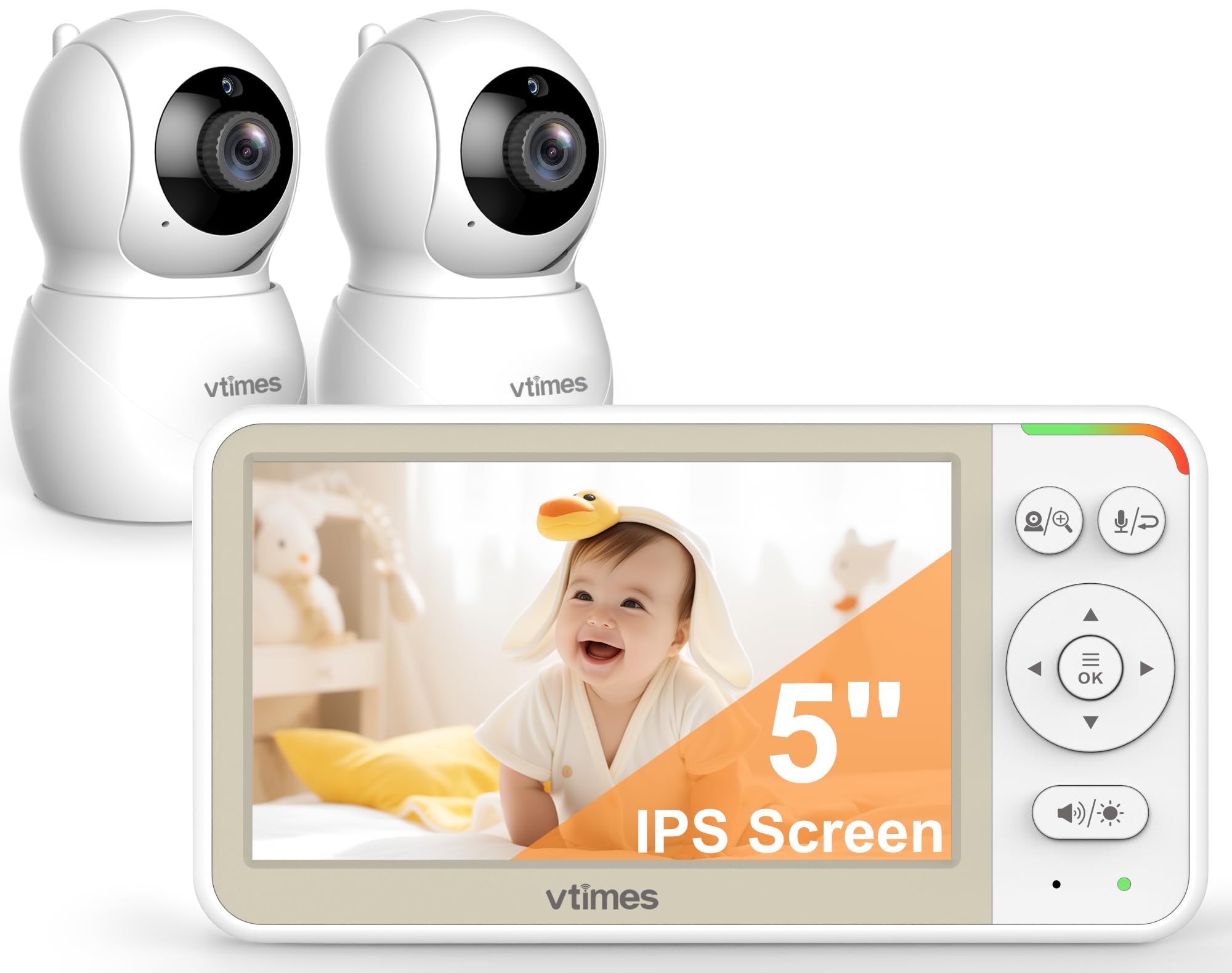 VTimes Baby Monitor with 2 Cameras, 5'' Screen Video Baby Monitor No WiFi, Remote Pan-Tilt-Zoom VOX, Two-Way Talk, Infrared Night Vision, Temperature Display, Alarm 8 Lullabies 1000ft