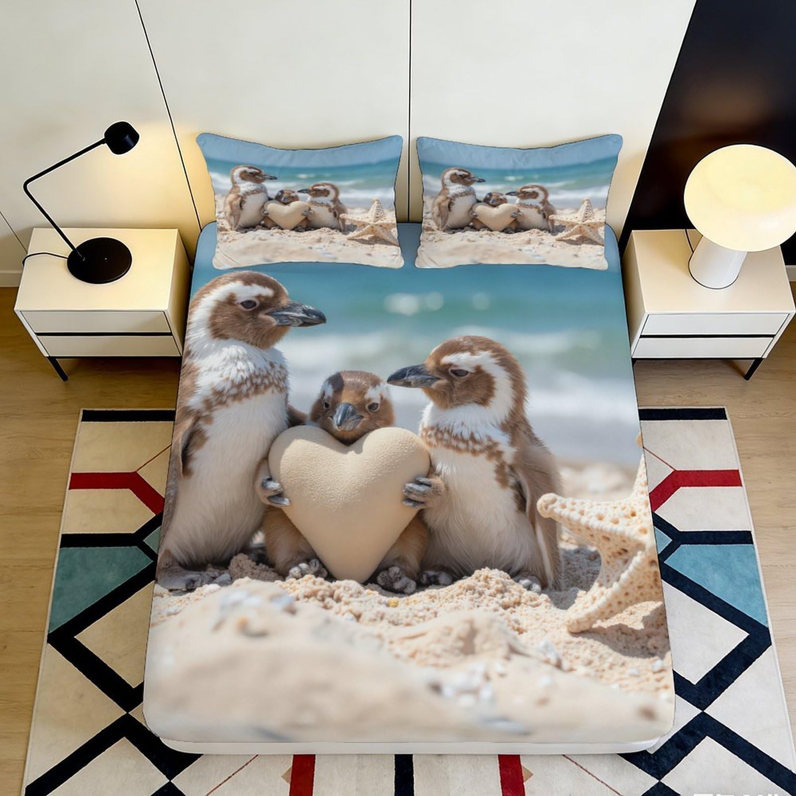 3D Printed Penguin Heart Fitted Sheet Microfiber Soft Breathable Beach Design Mattress Cover for Bedroom Dormitory Guest Room Mattress Protection 120x200x25cm