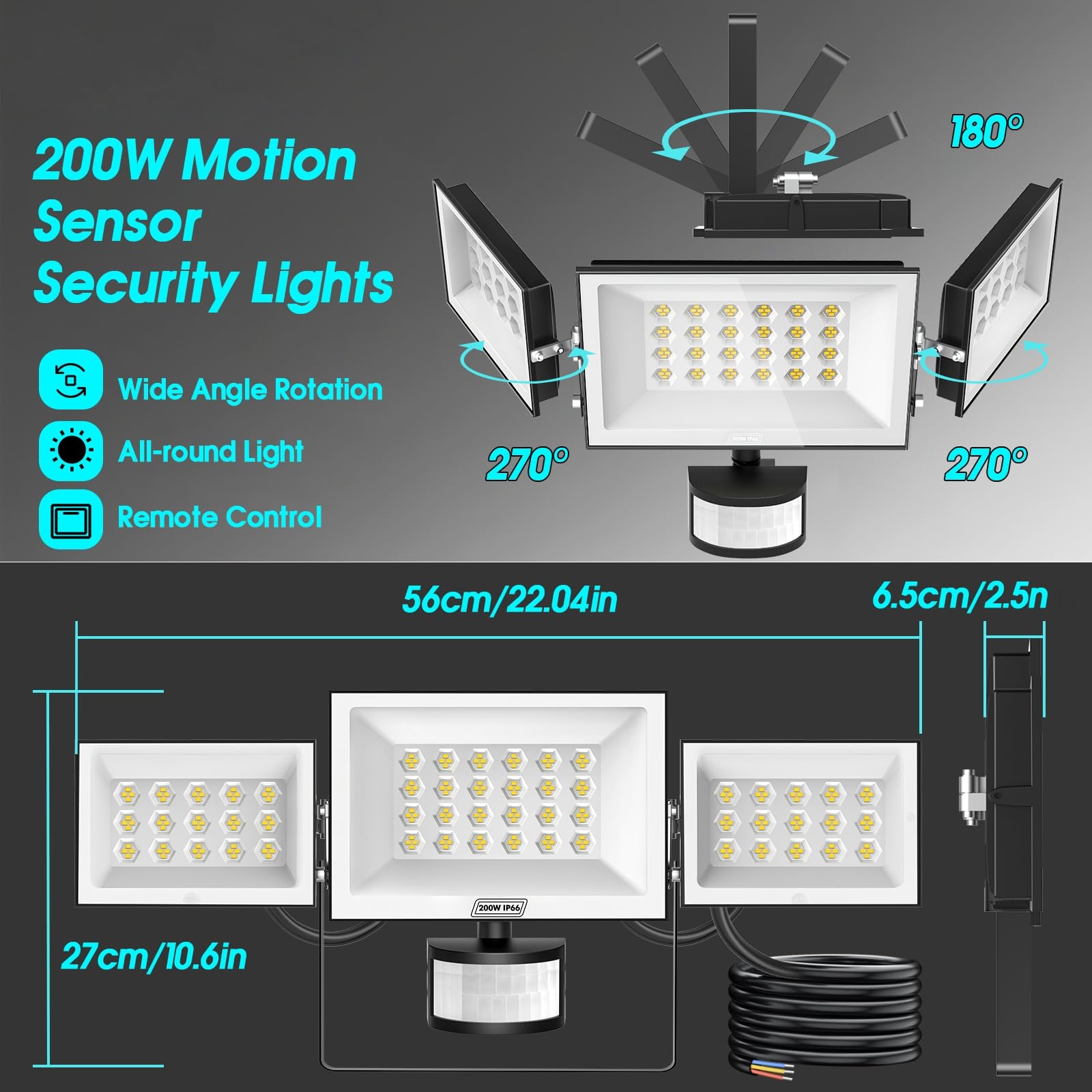 200W Luz Exterior con Sensor de Movimiento, Foco LED 6500K, IP65 Aplique Pared Exterior con Mando a Distancia, Proyector LED para Jardín Garaje Patio