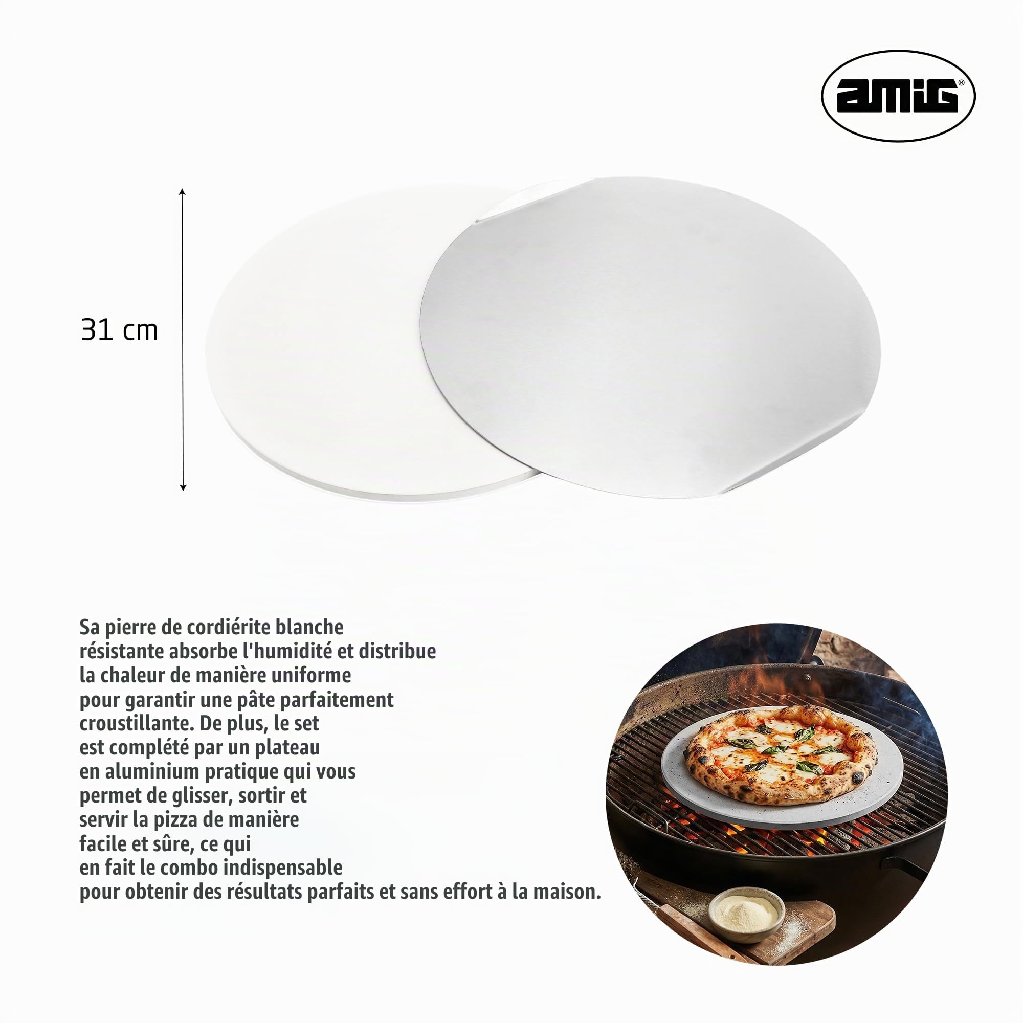 Amig – Kit pour pizza au barbecue – Pierre en cordiérite et plaque en aluminium – Diamètre de la pierre 33 cm – Diamètre de la plaque 31,5 cm – Compatible four et barbecue – Mod. AM27
