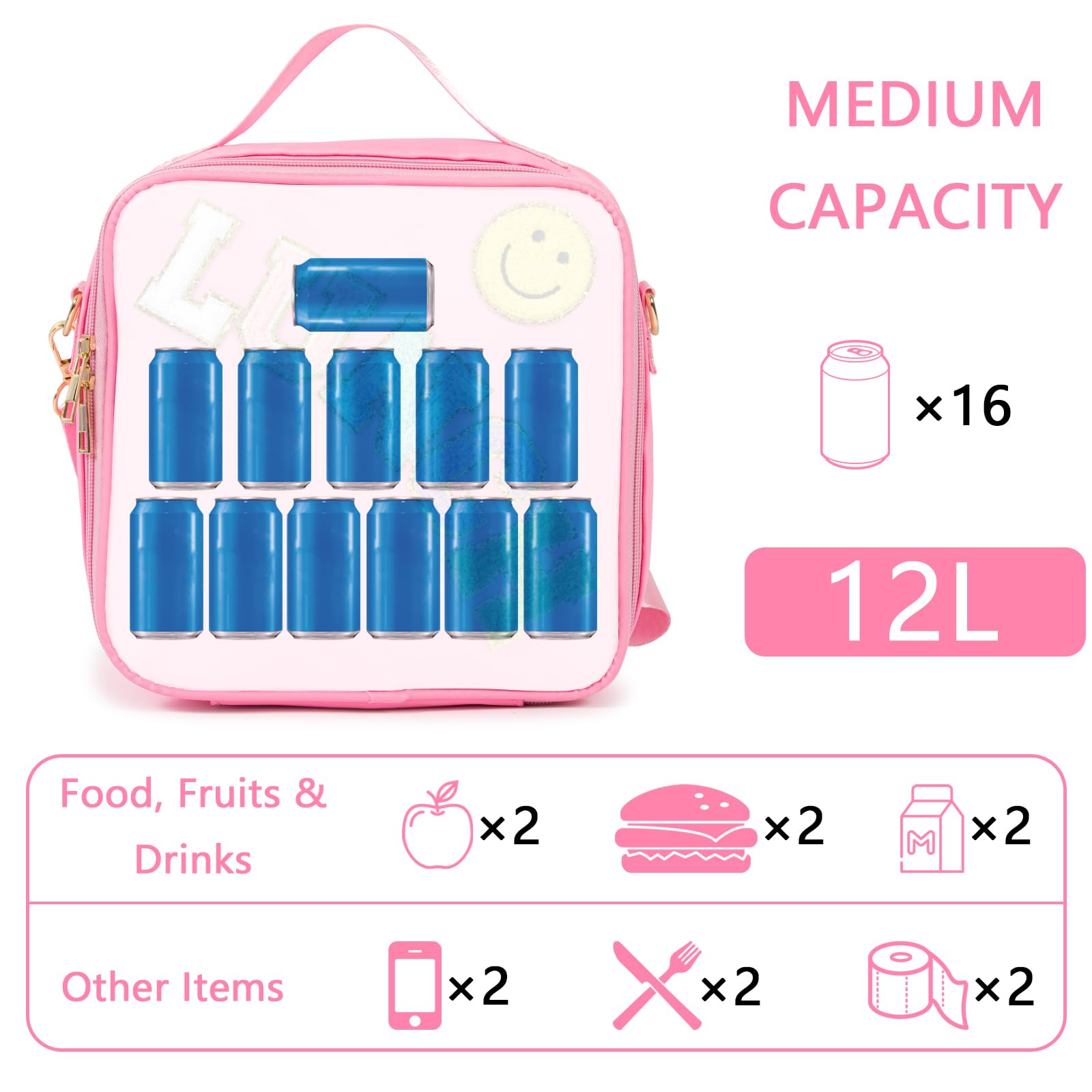 Kunoli Insulated Lunch Bag for Girls Pink Lunch Box for Women Reusable Leakproof Cooler Tote for Work Picnic, Camping (Nylon) - Image 2