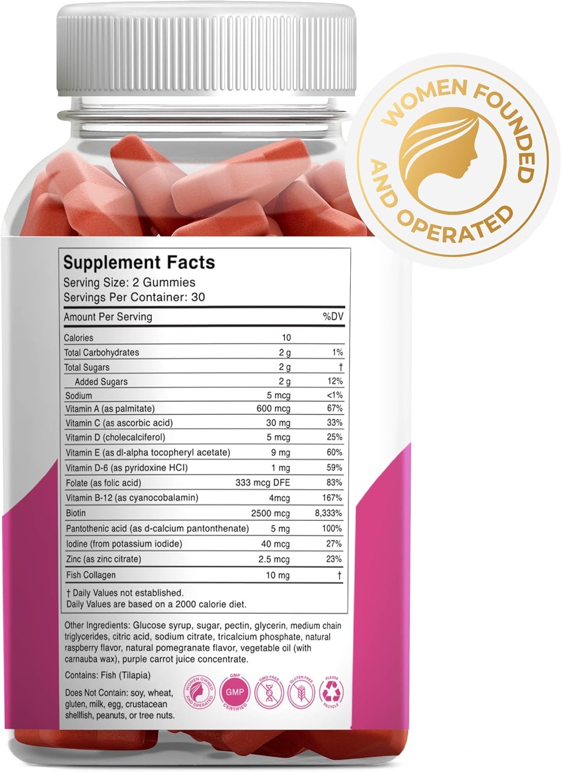 GoldN™ Hair, Skin & Nails Premium Gummies with Collagen | 2,500 mcg Biotin, Fish Collagen, Vitamins A, C, D, E & Zinc | Non-GMO, Allergen-Free | Raspberry Flavor | 60 Gummies (30-Day Supply) - Image 2