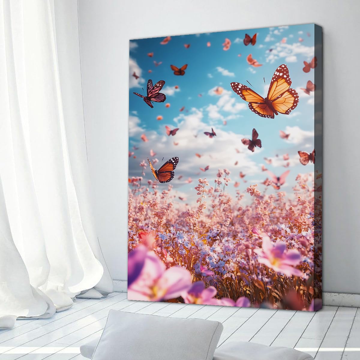 SHENGPOSTER Różowa i marzycielska różowa łąka grafika surrealistyczne pole kwiatowe i motyl obraz wiosenny plakat botaniczny do ramki wewnętrznej 80 x 112 cm