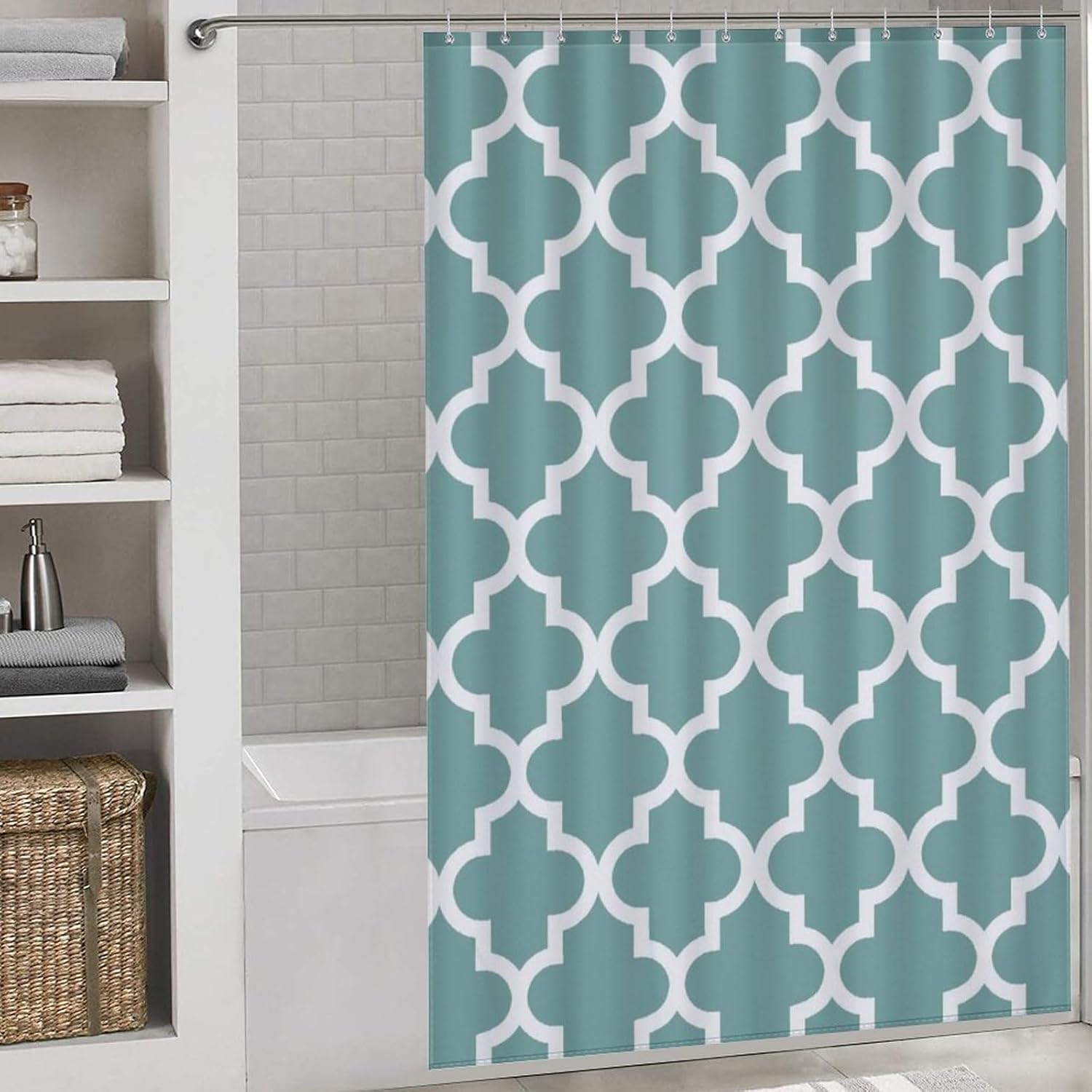 Shower Curtain Liner Set, Modern Dusty Blue and White Quatrefoil Pattern Waterproof Washable Bathroom Curtains with 12 Hooks, 60 x 72inch