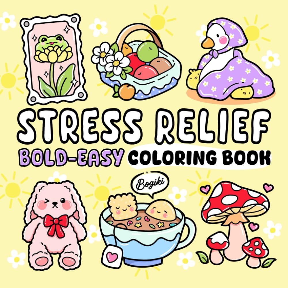 Stress Relief: Coloring Book for Adults and Kids Relaxing and Easy Designs with Bold Patterns, Featuring Animals, Landscapes, Flowers, Cute Characters