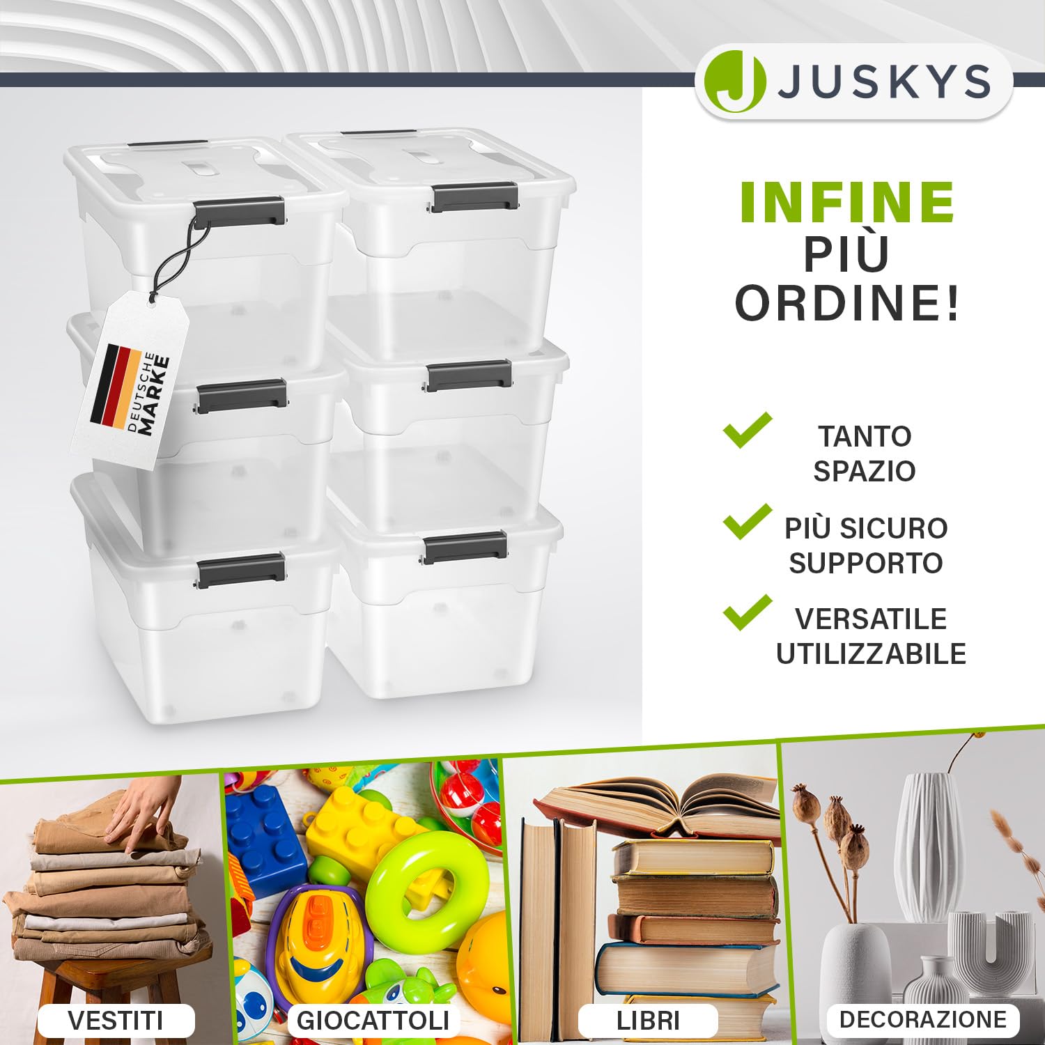 Juskys scatola per conservazione con coperchio - Set da 6 scatole in plastica 60l - Scatola grande, impilabile, trasparente - Sistema di organizzazione per conservazione