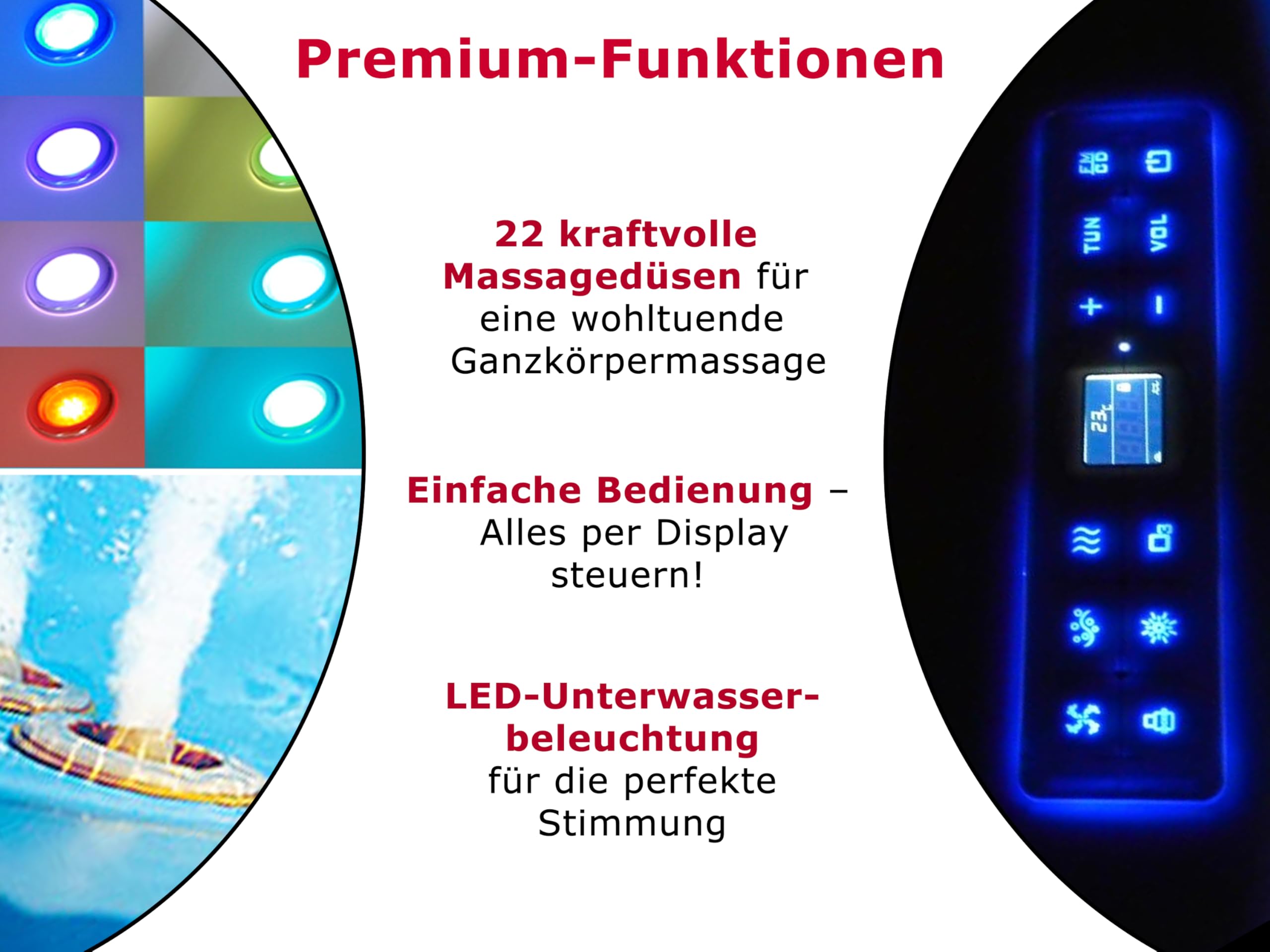 Whirlpool Badewanne Relax Profi – Made in Germany – Eckmontage (160x75 cm) – 22 Massage-Düsen, Heizung, Ozon-Desinfektion, Farblicht & Bluetooth-Radio – Ohne Armaturen
