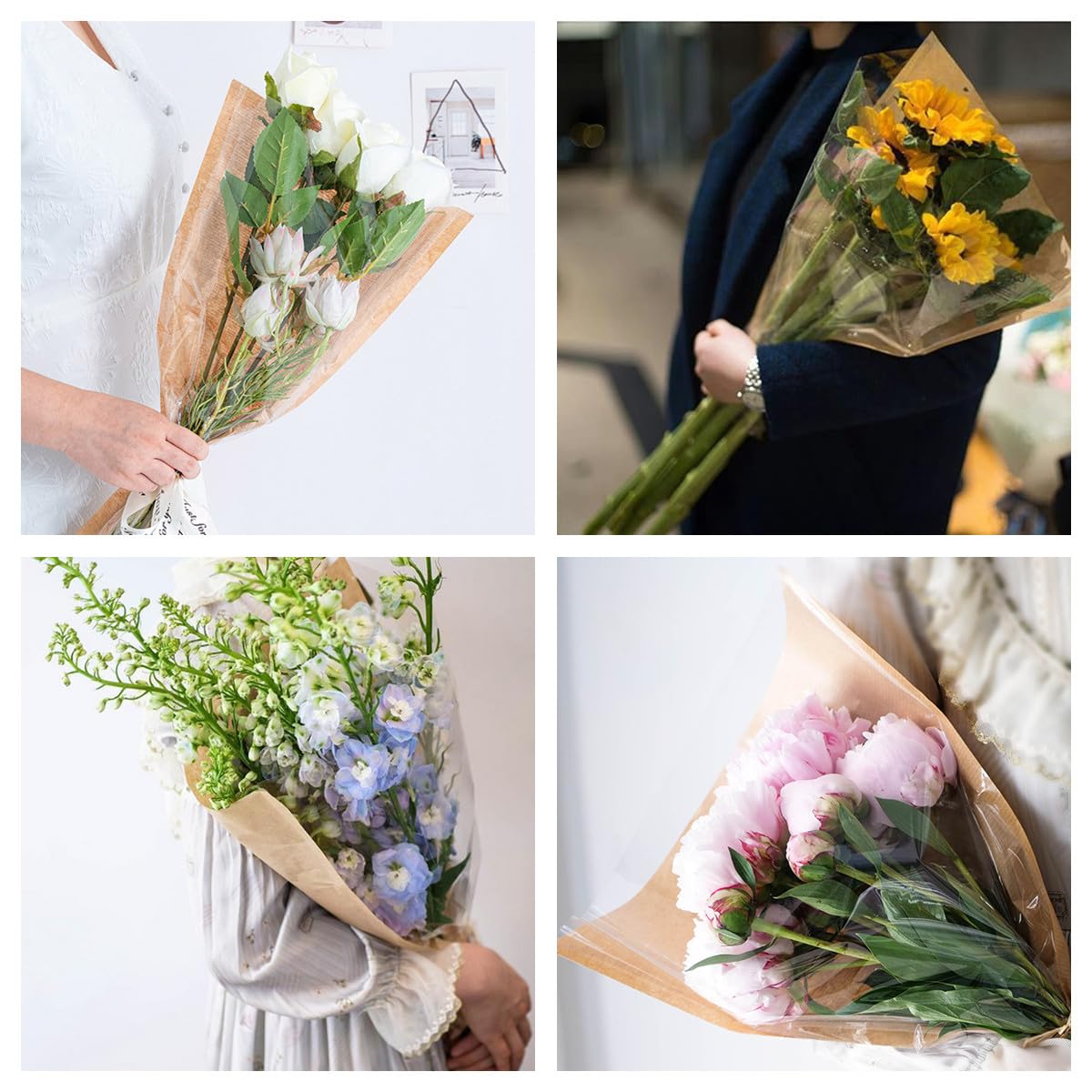 25-Pack Flower Bouquet Sleeves With Ribbon - Kraft Paper & Clear Plastic Wrapping For Florist Arrangements