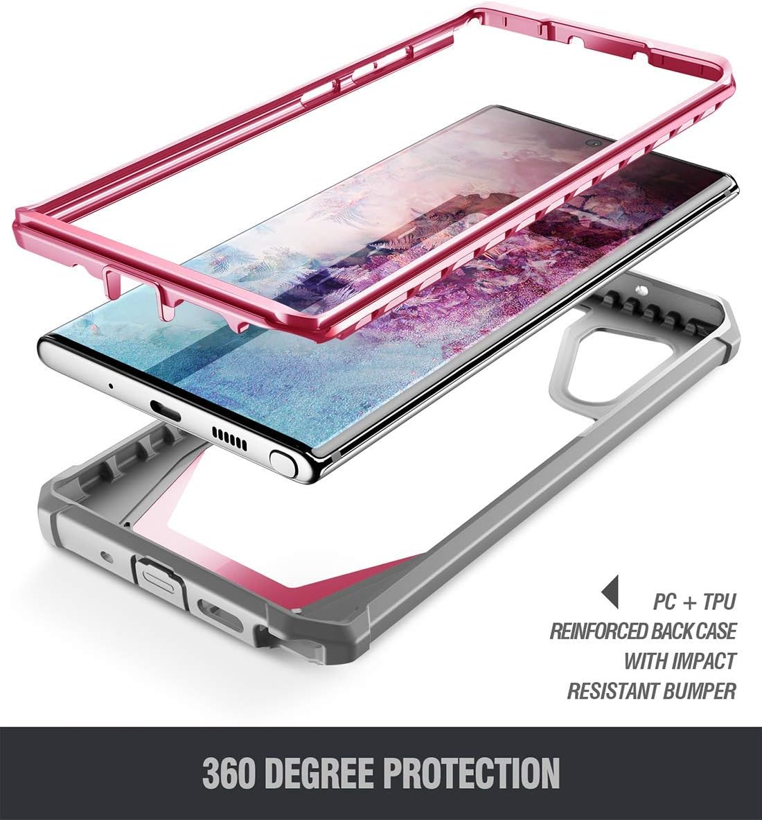 Uр Tо 40% оƒƒ Galaxy Note 10 Rugged Clear Case, Poetic Full-Body Hybrid Bumper Cover, Support Wireless Charging, Without Built-in-Screen Protector, Guardian Series, Case for Samsung Galaxy Note 10, Pink