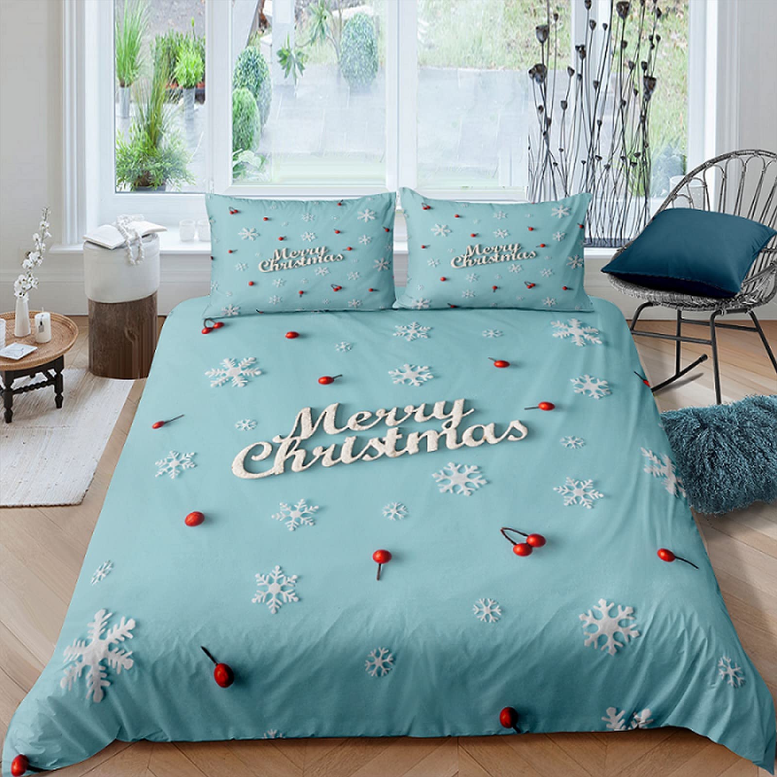 Parure De Lit Noël 240x260cm - Housse De Couette Élan Motif Rayures + 2 Taies 65x65 - Microfibre Douce - Cadeau Déco