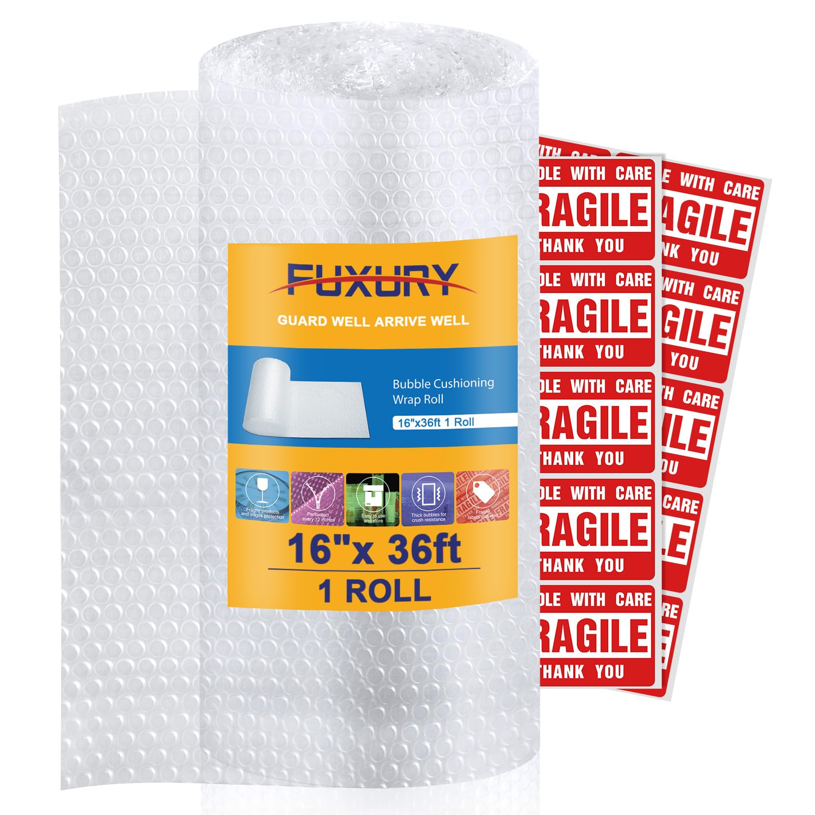 Fuxury Bubble Cushioning Wrap 1 Pack 16 inch x 36 ft. Bubble Cushioning Wrap for Packing and Moving Boxes Shipping Cushioning Supplies Perforated Every 12”