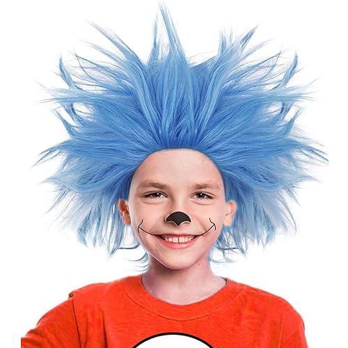 ANOGOL Gorro de pelo + peluca azul loca, pelucas únicas con puntas y divertidas, pelucas mullidas funky, pelucas para payasos, peluca corta azul
