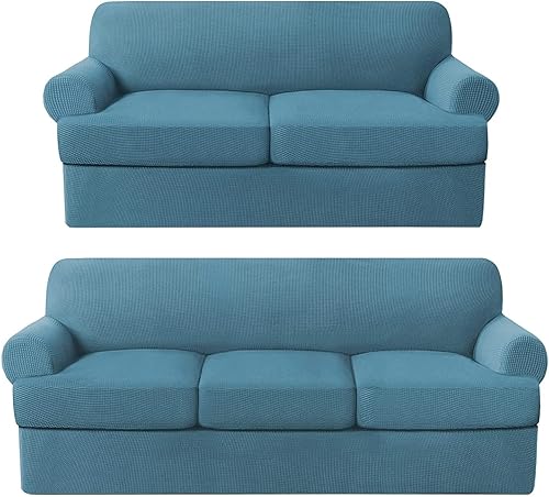 Paquete de fundas para sofá con cojín en forma de T de 3/4 piezas, protector de muebles, patrón a cuadros, extraíbles y lavables, color azul tormenta