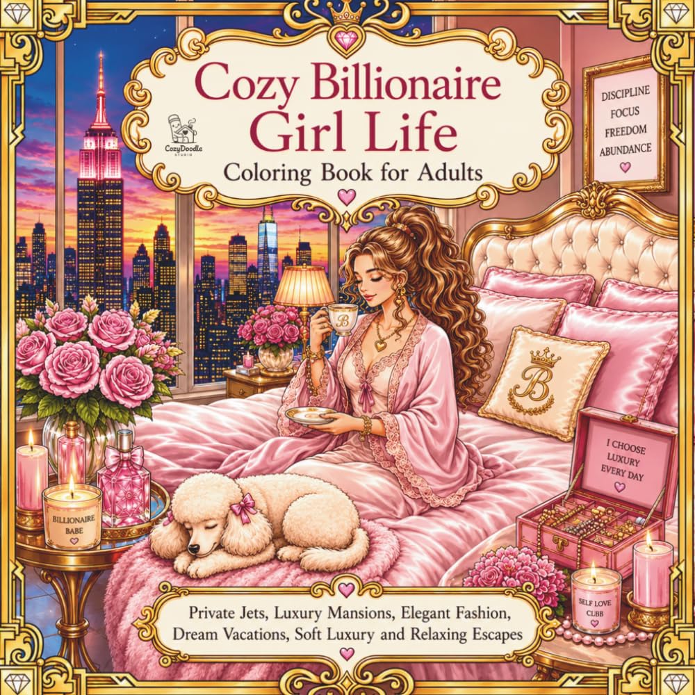 Cozy Billionaire Girl Life Coloring Book for Adults: Private Jets, Luxury Mansions, Elegant Fashion, Soft Luxury Aesthetic, Dream Vacations and Relaxing Escapes (Cozy Luxury Escape Collection)