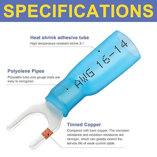 Miniatura 2 de haisstronica - 100 piezas de conectores de horquilla azules termorretráctiles #10, terminales de alambre de crimpado eléctrico aislados calibre 16-14