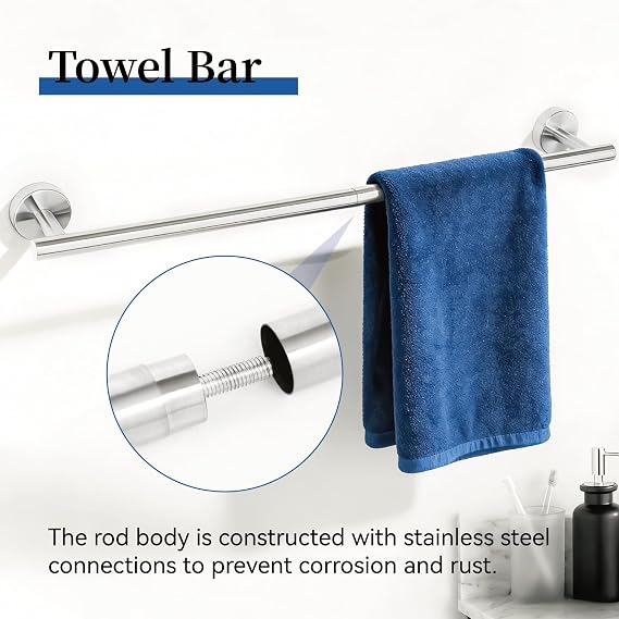 HOMOTEK 4 Pieces Bathroom Accessories Hardware Set, 24 inch Towel Bar, Towel Ring, Robe Hook, Toilet Paper Holder, Stainless Steel Rack Kit Wall Mounted, Brushed Stainless Steel
