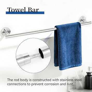 HOMOTEK 4 Pieces Bathroom Accessories Hardware Set, 24 inch Towel Bar, Towel Ring, Robe Hook, Toilet Paper Holder, Stainless Steel Rack Kit Wall Mounted, Brushed Stainless Steel