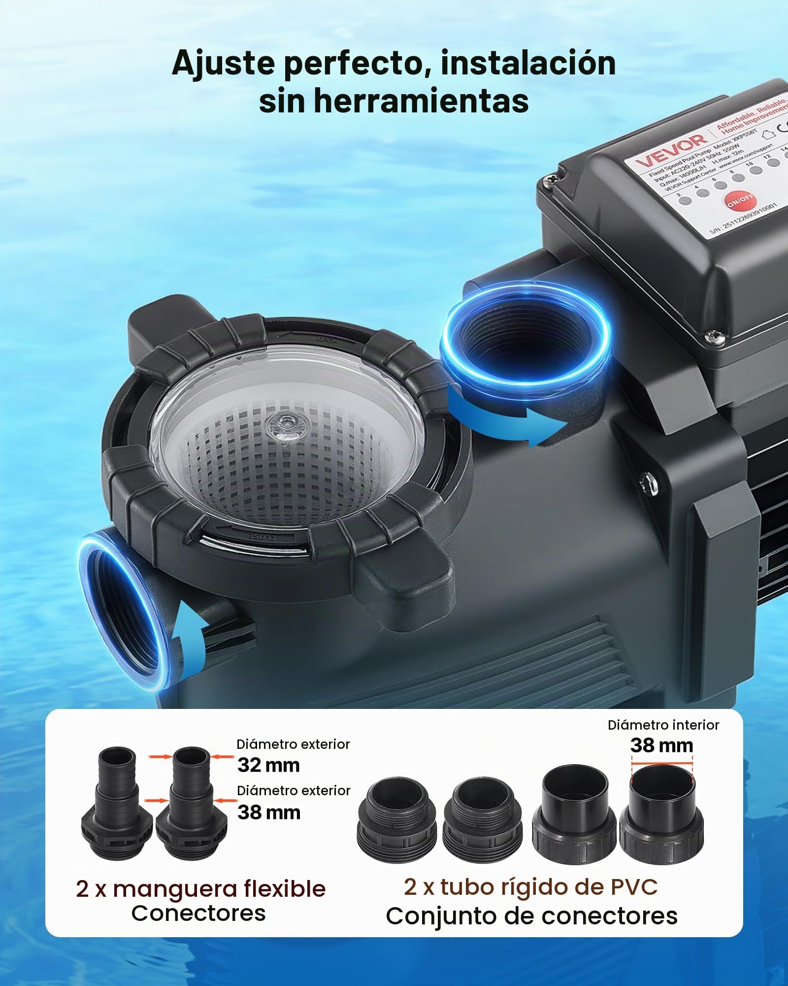 VEVOR Bomba para Piscina 550 W Caudal Máximo de 14000 L/H Bomba de Filtración para Piscina de Una Sola Velocidad, CA 220-240 V, Altura de Elevación Máxima de 12 m, con Temporizador de 24 Horas