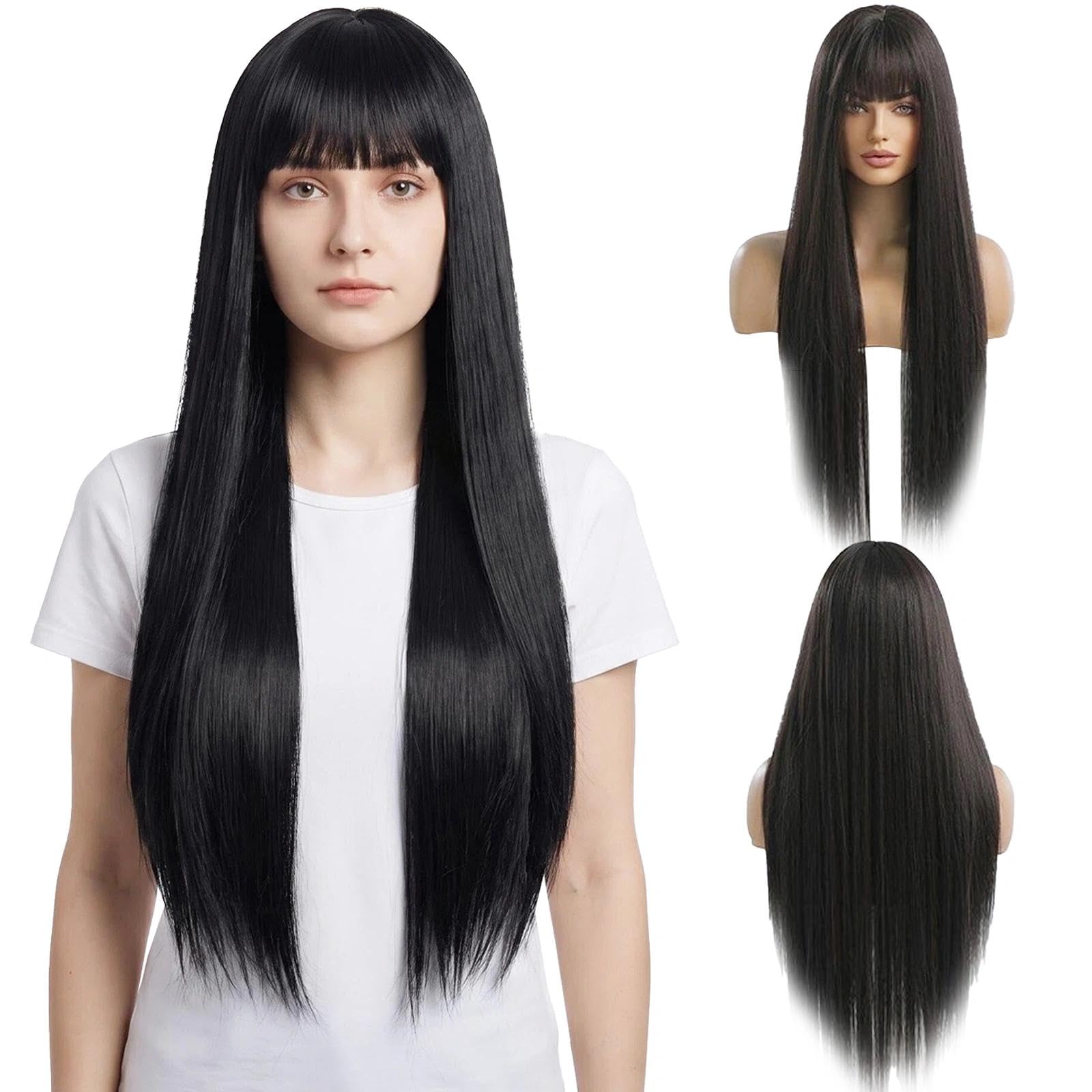 JSTHHTT Parrucca Donna, Parrucca Donna Capelli Veri Umani, Parrucca Nero, 24 Pollice/60 cm Ricci Resistente al Calore, Sintetica, Cosplay Lunga Capelli Della Signora Di Modo Festa, Uso Quotidiano