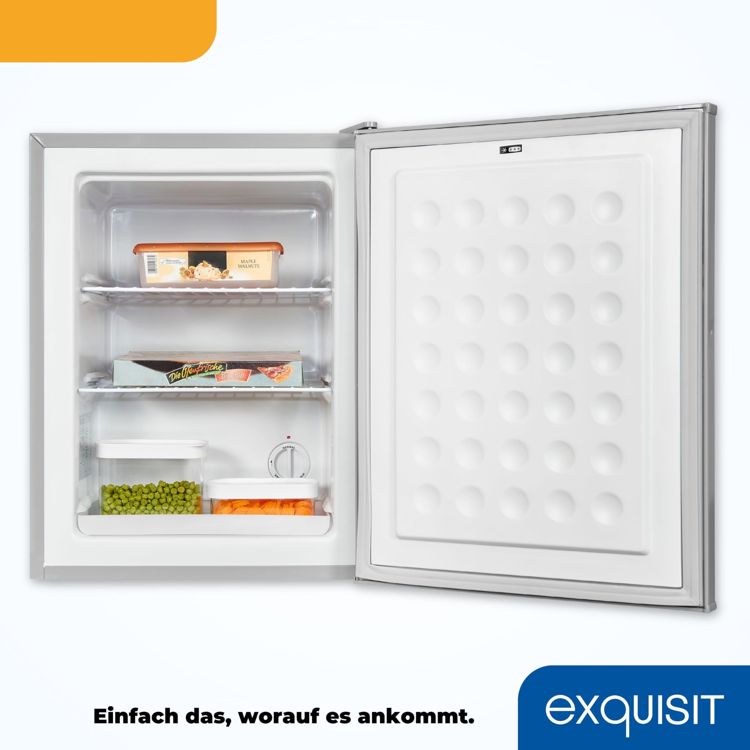 Exquisit GB60-150E Mini Gefrierschrank, 42 l Gefrierbox, Grau | Kompakter Mini-Gefrierschrank für Büro und Gästezimmer, wechselbarer Türanschlag, stufenlose Temperaturregelung, leise