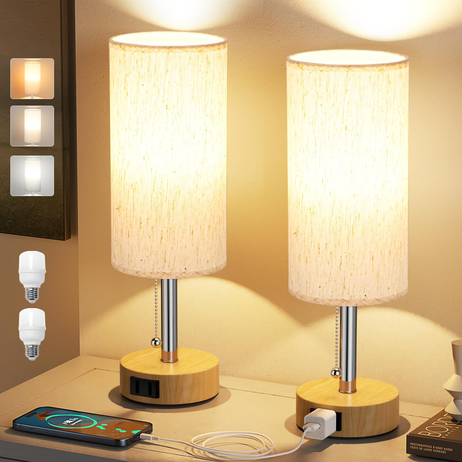Fenmzee Wood Grain Bedside Table Lamps Set of 2-3 Color Temperatures Pull Chain Lamp with AC Outlet Charging Port, Round Night Stand Lamps for Bedroom Office, Small Bed Light with E26 LED Bulbs