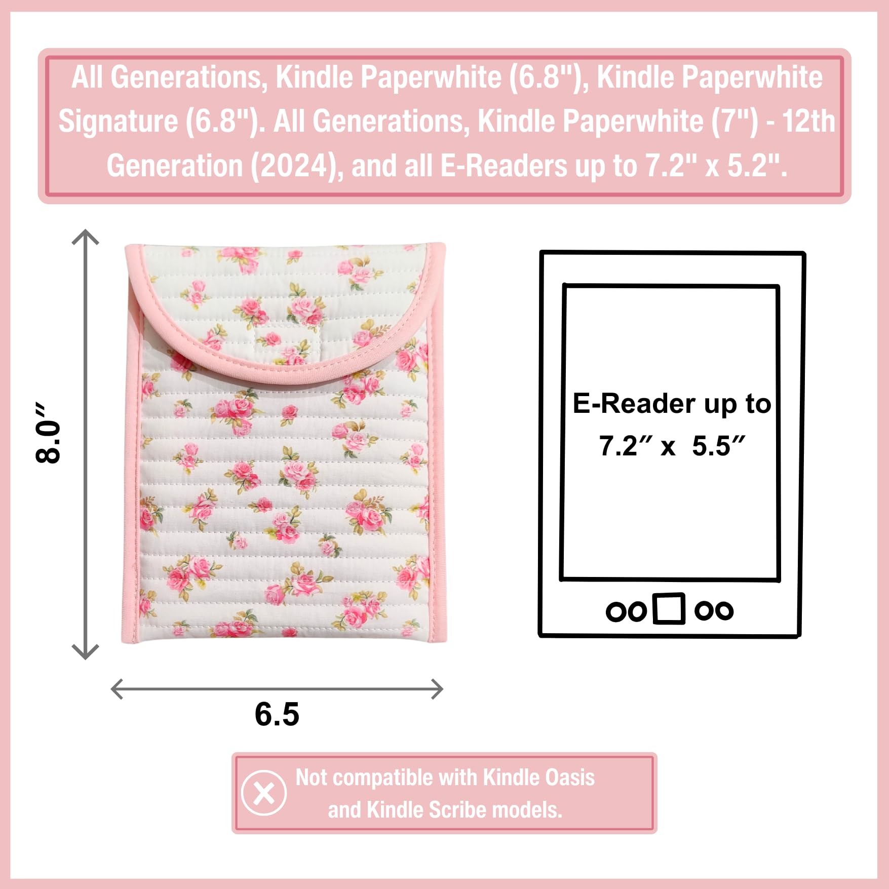 Custodia trapuntata per Kindle - Custodia imbottita in cotone per e-reader con imbottitura e chiusura in velcro, compatibile con Kindle Basic, Paperwhite e ColorSoft (Petal Whisper, bianco)