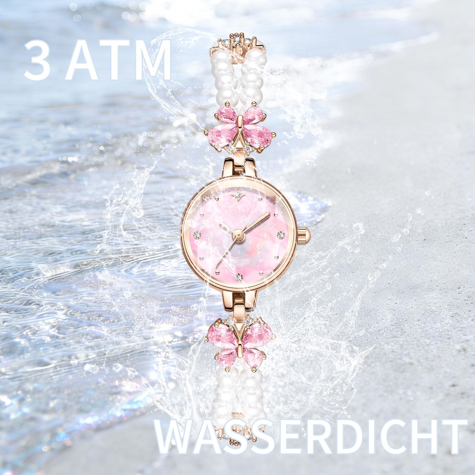 findtime Analoge Damenuhr 3ATM Wasserdicht Armbanduhr Damen Rund Quarzuhr Fraun Elegante Vintage Perlenarmband Exquisite Stylisches Uhr Für Frauen Schmuck Armreif Perlen Und Strass Design