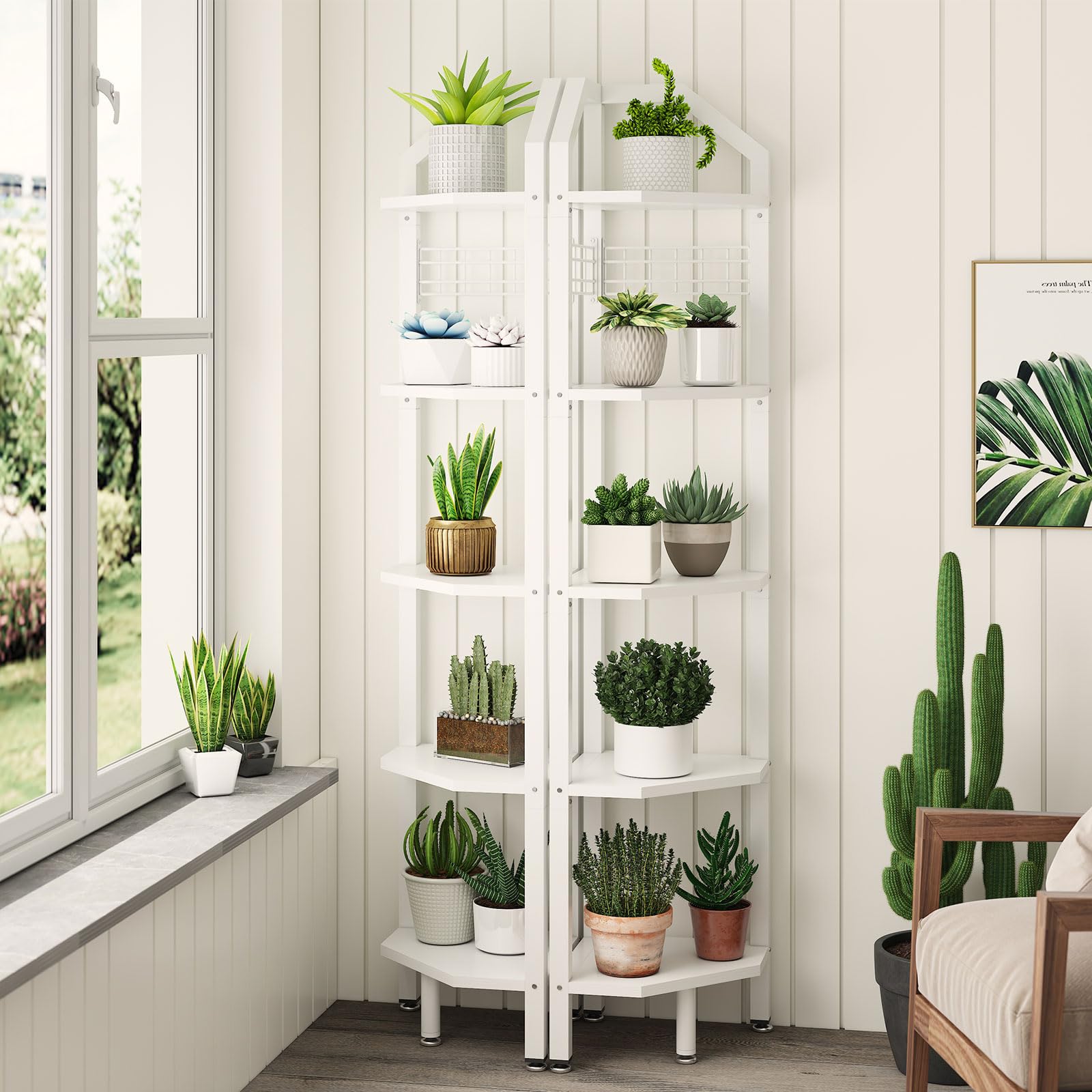 YMYNY Scaffale angolare a 5 ripiani, altezza 176 cm, scaffale multiuso per piante, per soggiorno, bagno, cucina, camera da letto, ufficio, stile industriale bianco HBR006W