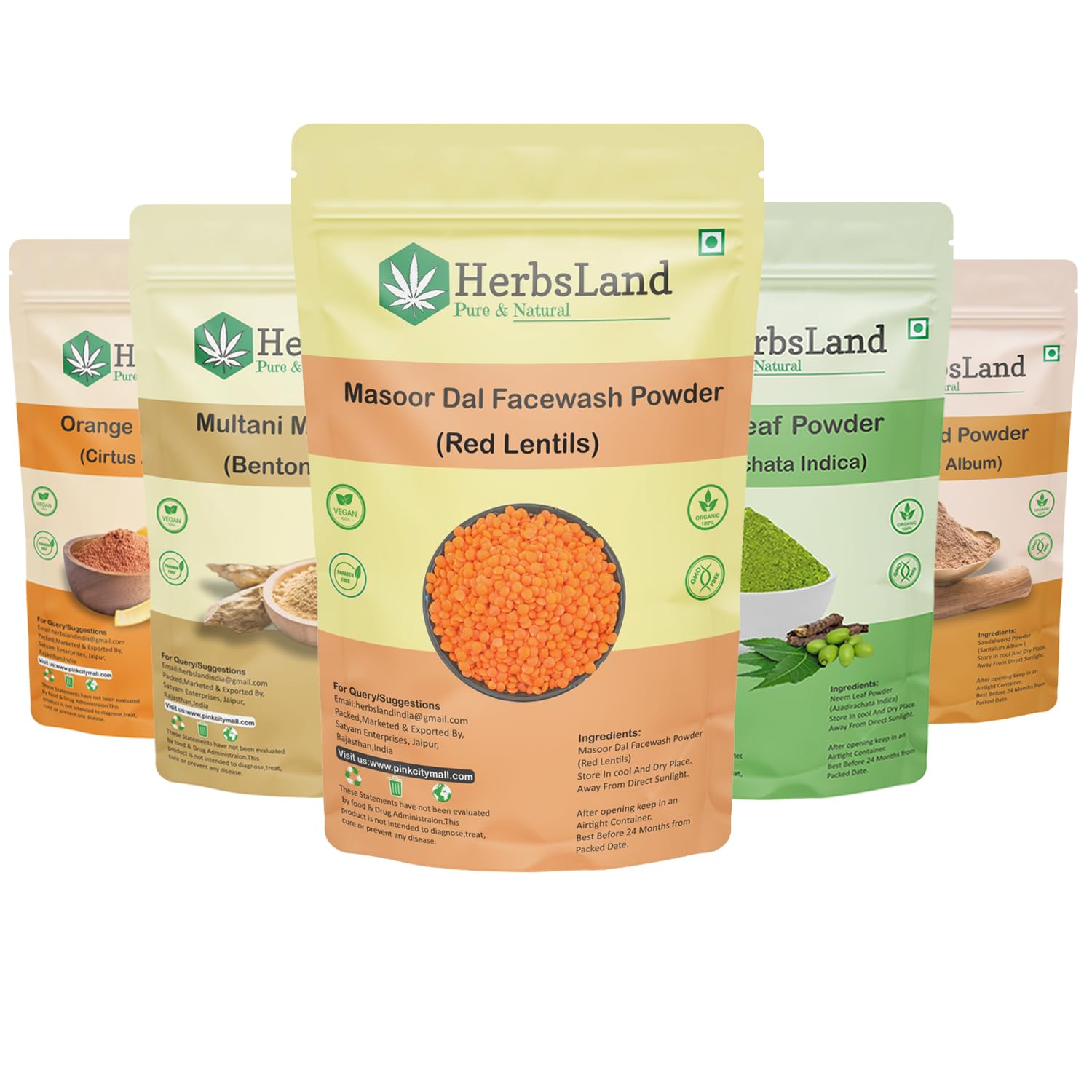 HerbsLand® Natural Sandalwood (Chandan), Neem Leaf, Multani Mitti, Orange Peel Powder and Masoor Dal (Red Lentils-Seed) FacePack Powder For Face & Skin Care (70 gm each)