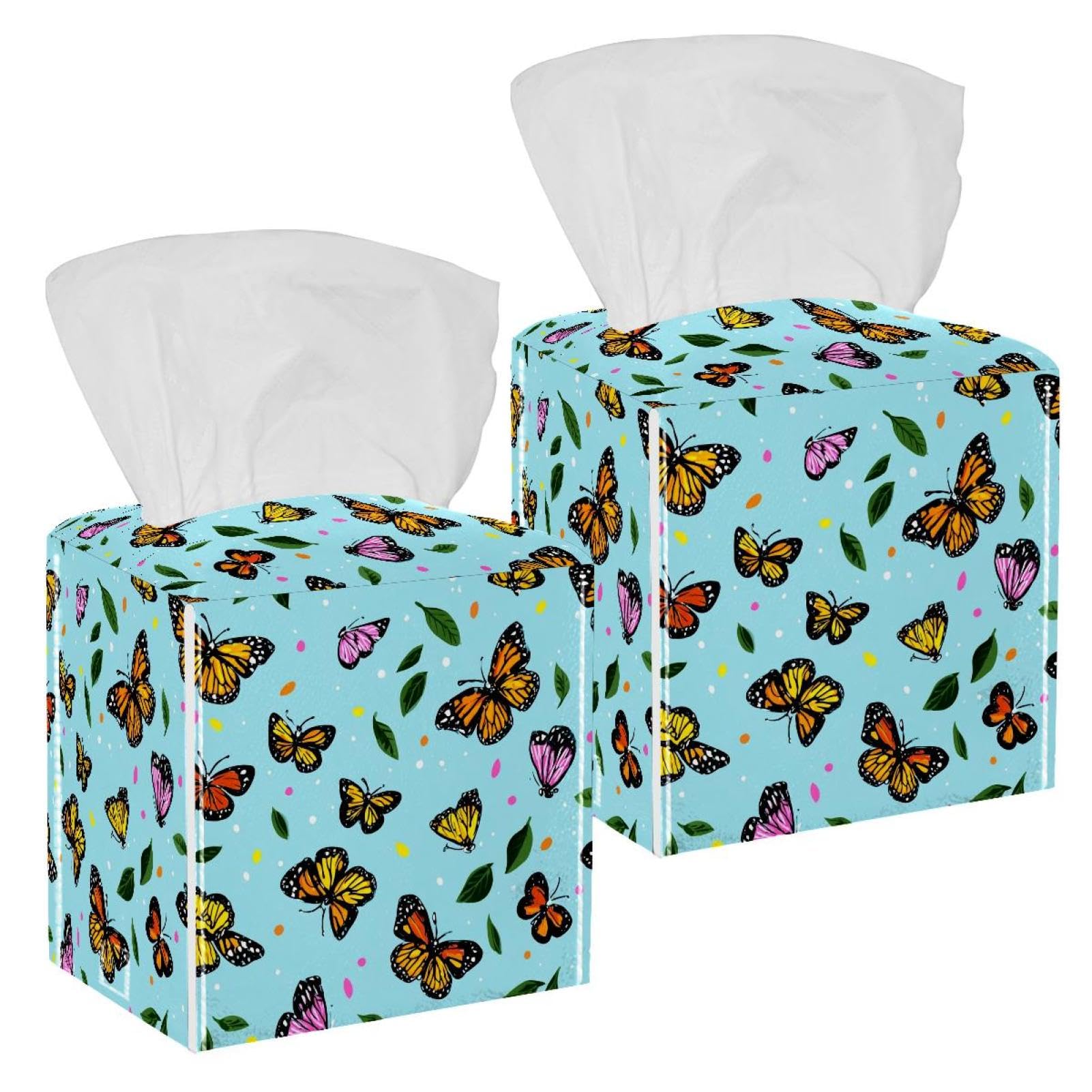 Butterfly Tissue Box Cover, 2 Pack PU Leather Square Facial Tissue Dispenser Box holder for Home Office Car