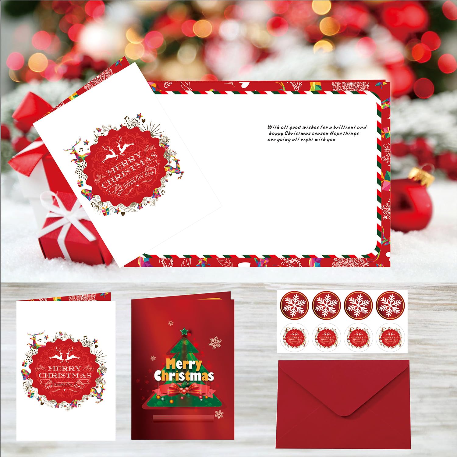 Tarjeta de agradecimiento de Navidad, tarjetas de Navidad de 4 x 6 pulgadas, 8 tarjetas de Navidad con sobre y calcomanía, tarjetas de deseos de Navidad, tarjetas de felicitación de Navidad