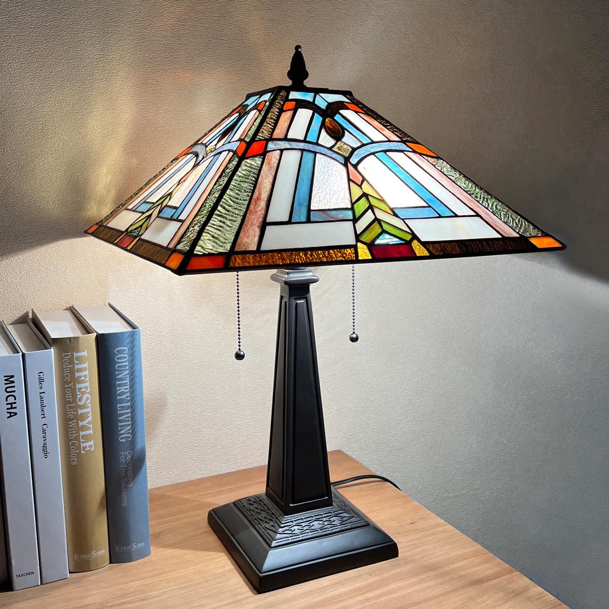 Tiffany Table Lamps Mission Frank Lloyd Wright Style 16" Wide Stained Glass Desk Lamp for Reading Antique Nightstand Table Light for Living Room Bedroom Home Office