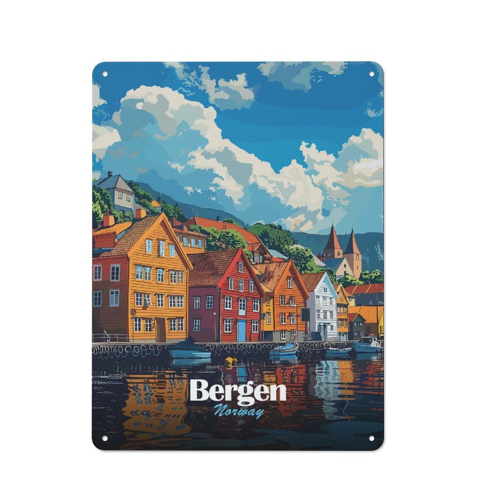 Bergen, Norway Cityscape Vintage Metal Wall Decor 40x30cm, Vintage Tin Sign for Bakery, Diner, Cafe Or Family Room