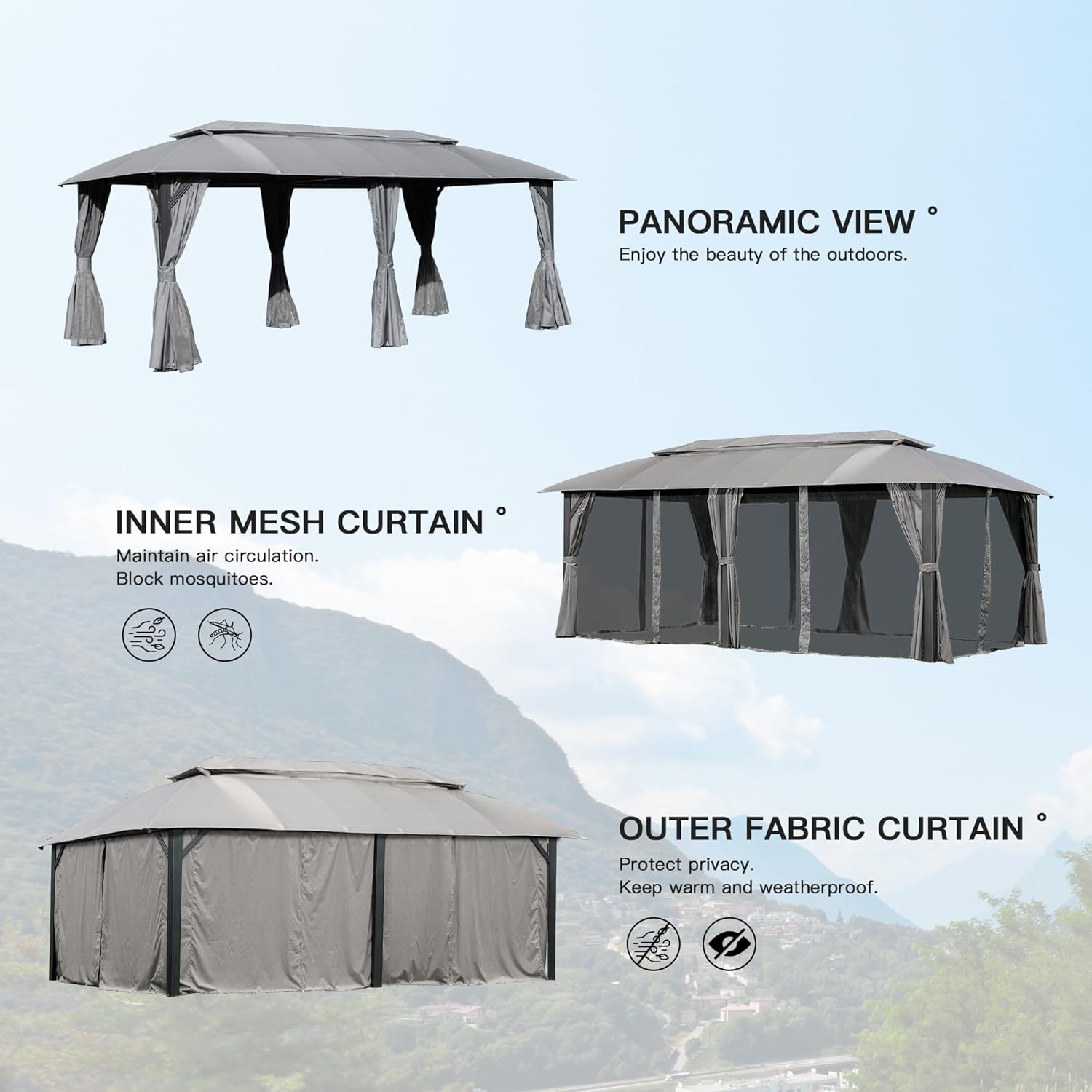 ESPIDOO 10x20FT Outdoor Gazebo with Double Roofs & Privacy Curtains - Heavy Duty Metal Frame Party Tent Canopy for Backyard Family Gatherings & Patio Relaxation
