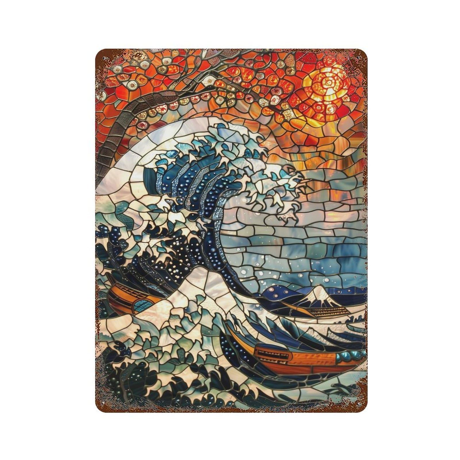 Kanagawa Stained Glass Art 15.7"x11.8" Rusty Metal Tin Sign, Shabby Chic Decor for Bistro, Counter And Cafe Decor
