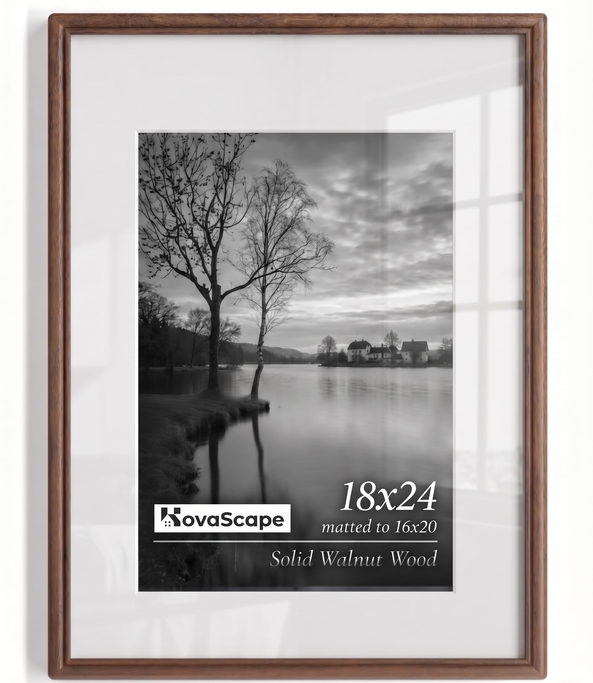 KovaScape Picture Frame, Solid Walnut Wood Frame, Double Arc Round Corner Hand Craft Poster Frame, 18x24 Matted to 16x20, 18 by 24 Frame with HD Real Glass,Wall Display,Pack of 1 โ image 1
