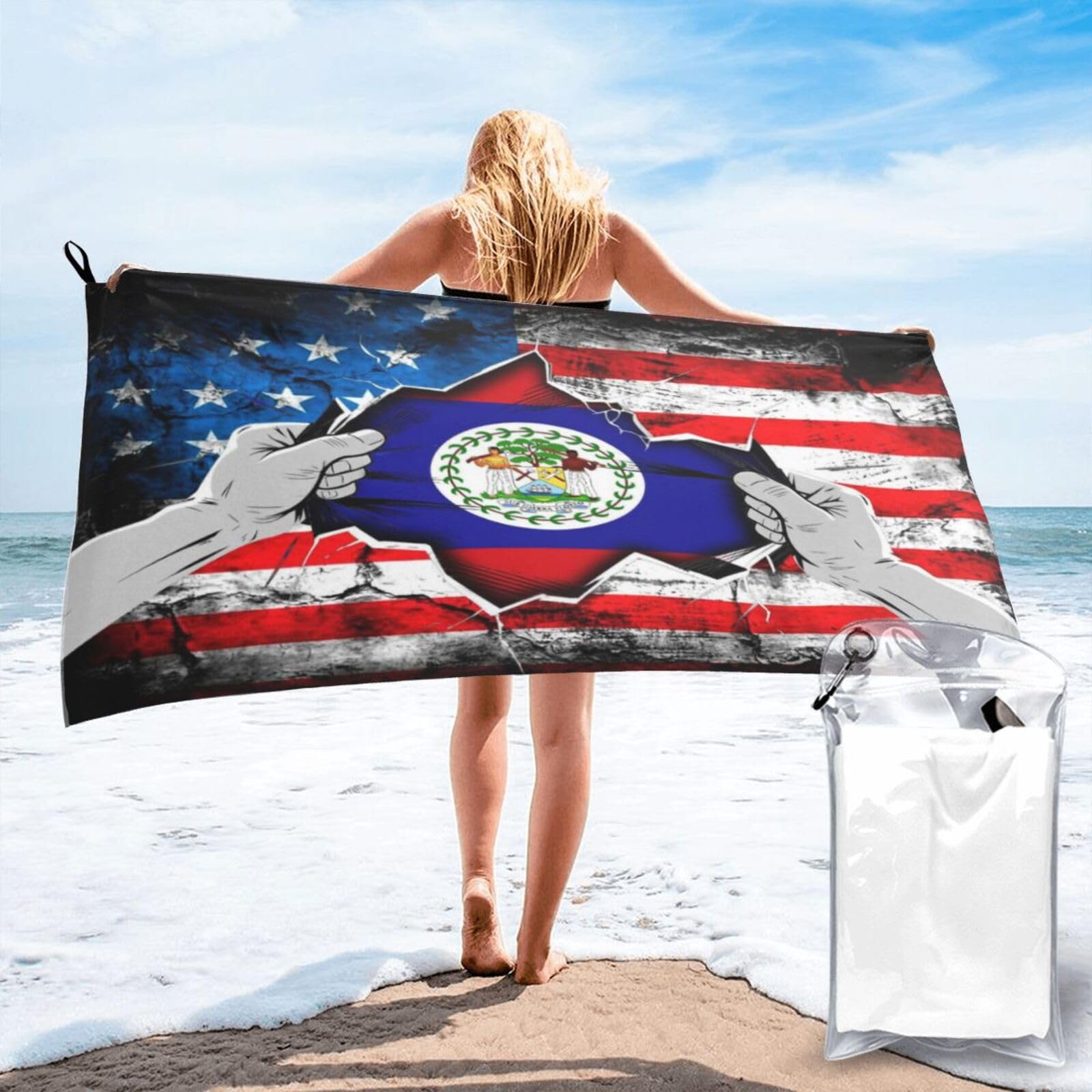 HACXZ American and Belize Flag Vintage Beach Towel Lightweight Absorbent Beach Towel Microfiber 27.5"X55"
