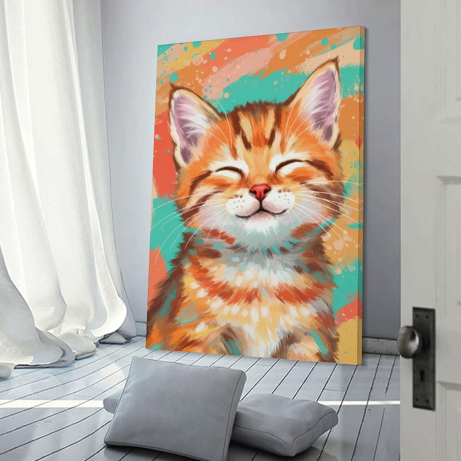 Junmoney Frame-Style-19 Smiling Orange Tabby Decorative Wall Artwork, 16X24inch(40X60cm), For Living Spaces, Bedrooms Or Relaxed Rooms, Modern Wall Decor For Cosy Interiors