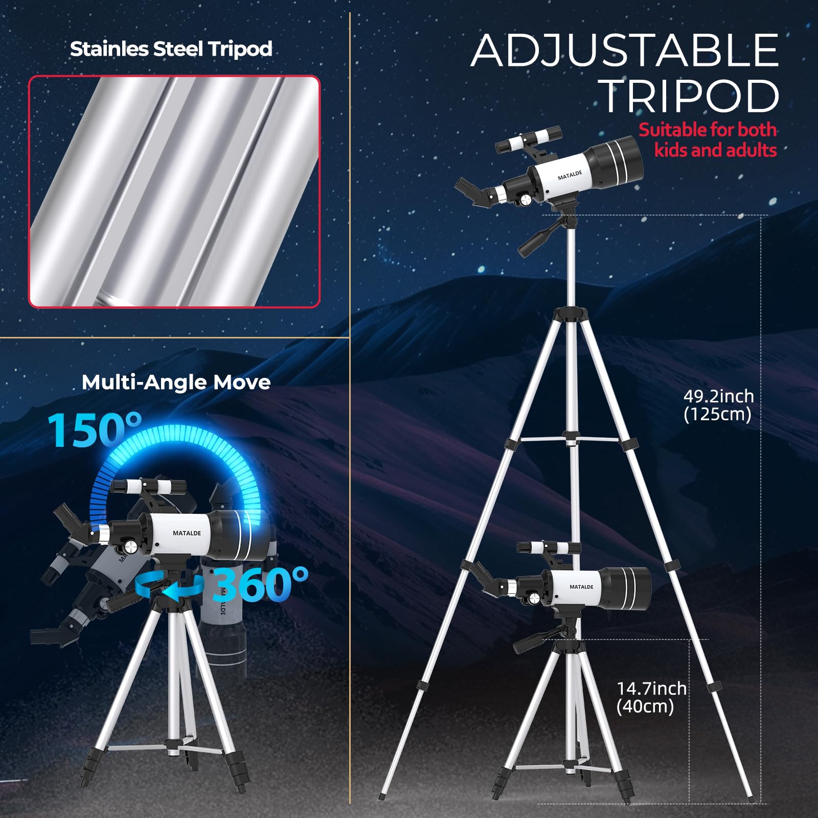 Télescope pour Débutants, Télescope Astronomique Réfracteur 70mm d'Ouverture avec 300mm de Distance Focale, Grossissement 15X-150X, Trépied, Adaptateur pour Téléphone, Télécommande sans Fil