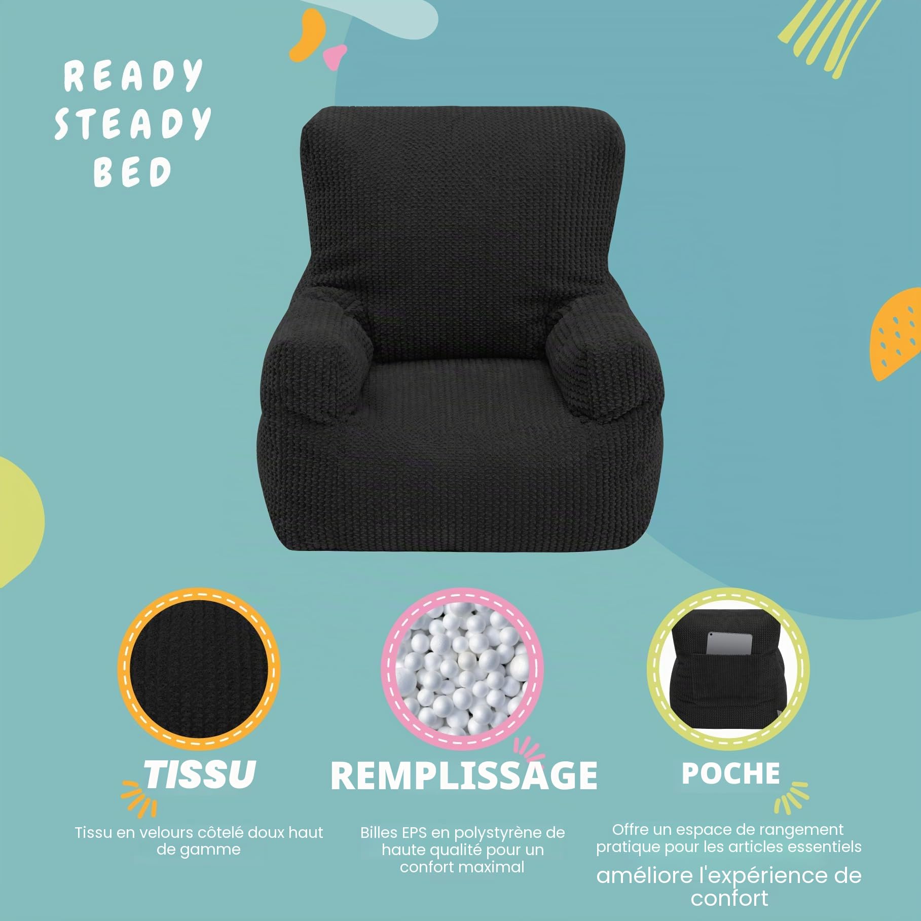 Ready Steady Bed Fauteuil pour enfant et tout-petit | Pouf confortable pour enfants en velours côtelé | Chaise en sac de haricots ergonomiquement conçue | Canapé doux et sûr pour enfants, siège pour