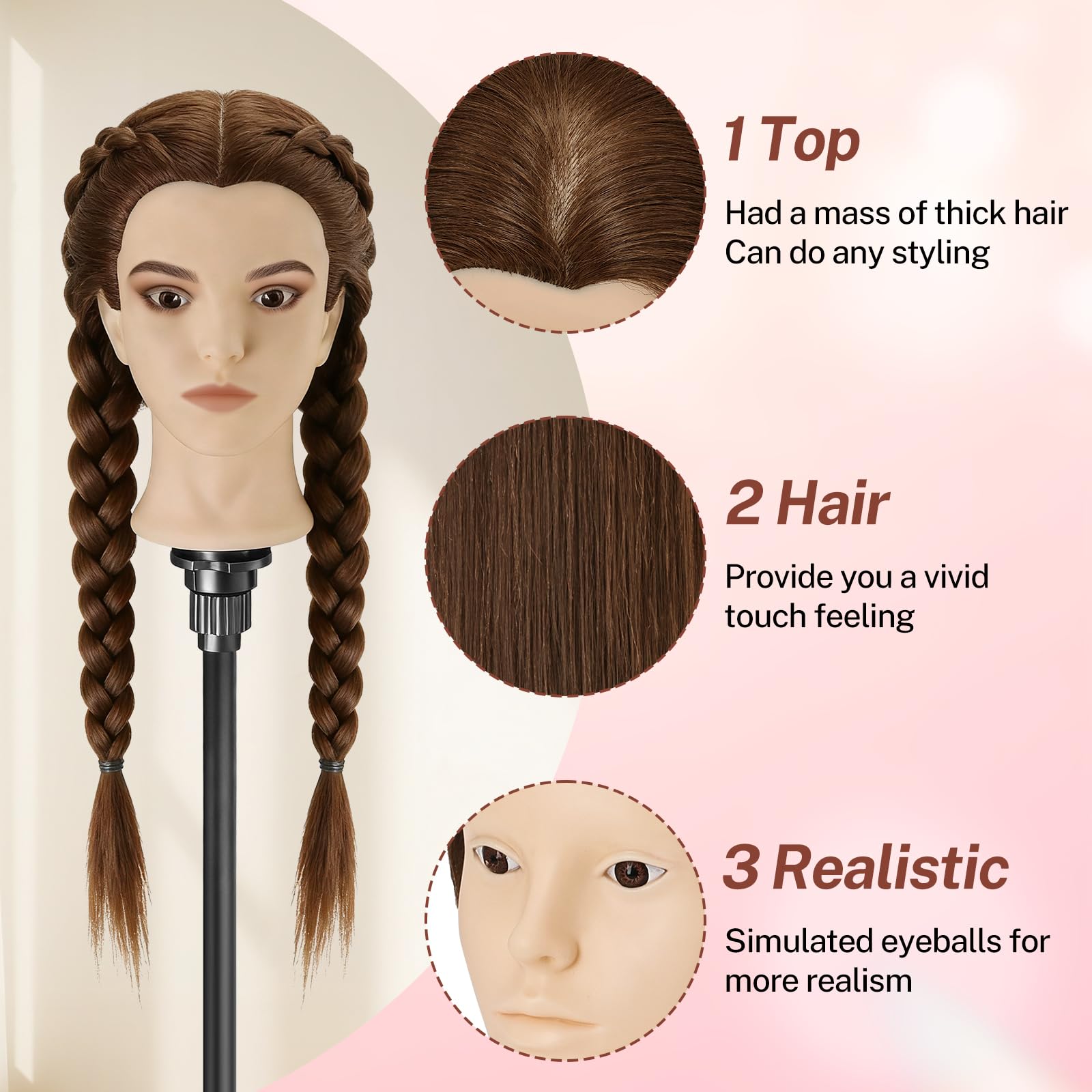 Übungskopf aus 80 % Echthaar, 58,4 cm, Frisierkopf mit Perückenständer, Stativ und Make-up-Funktion und DIY-Haarstyling-Flechtwerkzeugen