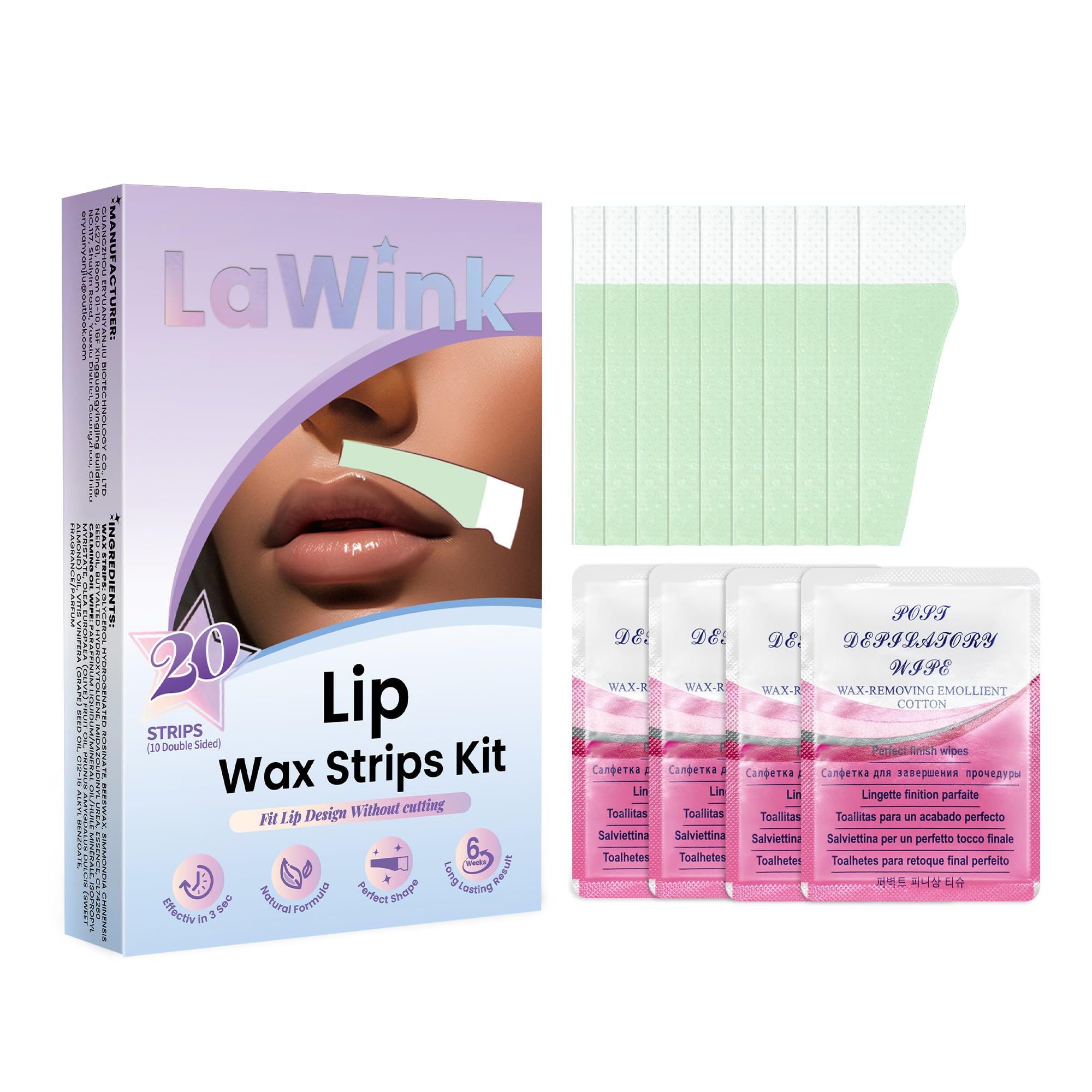 Lip upper Wax Strips Kit Facial Wax Strips Mouth hair removal 20pcs 4 Calming Oil Wipes eyebrow waxing wax Depilatory tape for eyebrows Facial (Lip)