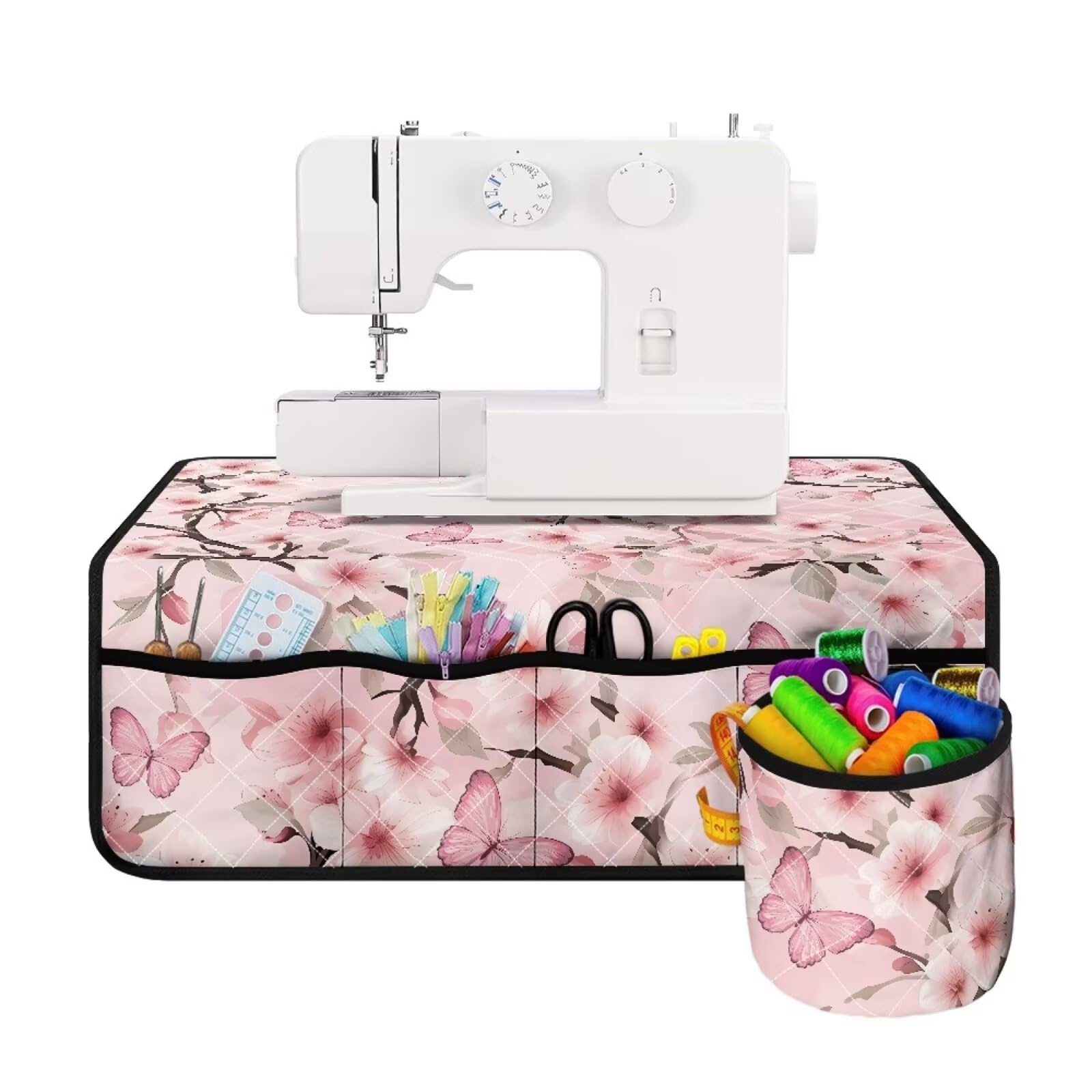 Coloranimal Peach Blossoms Butterfly Print Sewing Machine Mat with Pockets Stain Resistant Sewing Machine Carrying Pad with Storage for Home Class Decor
