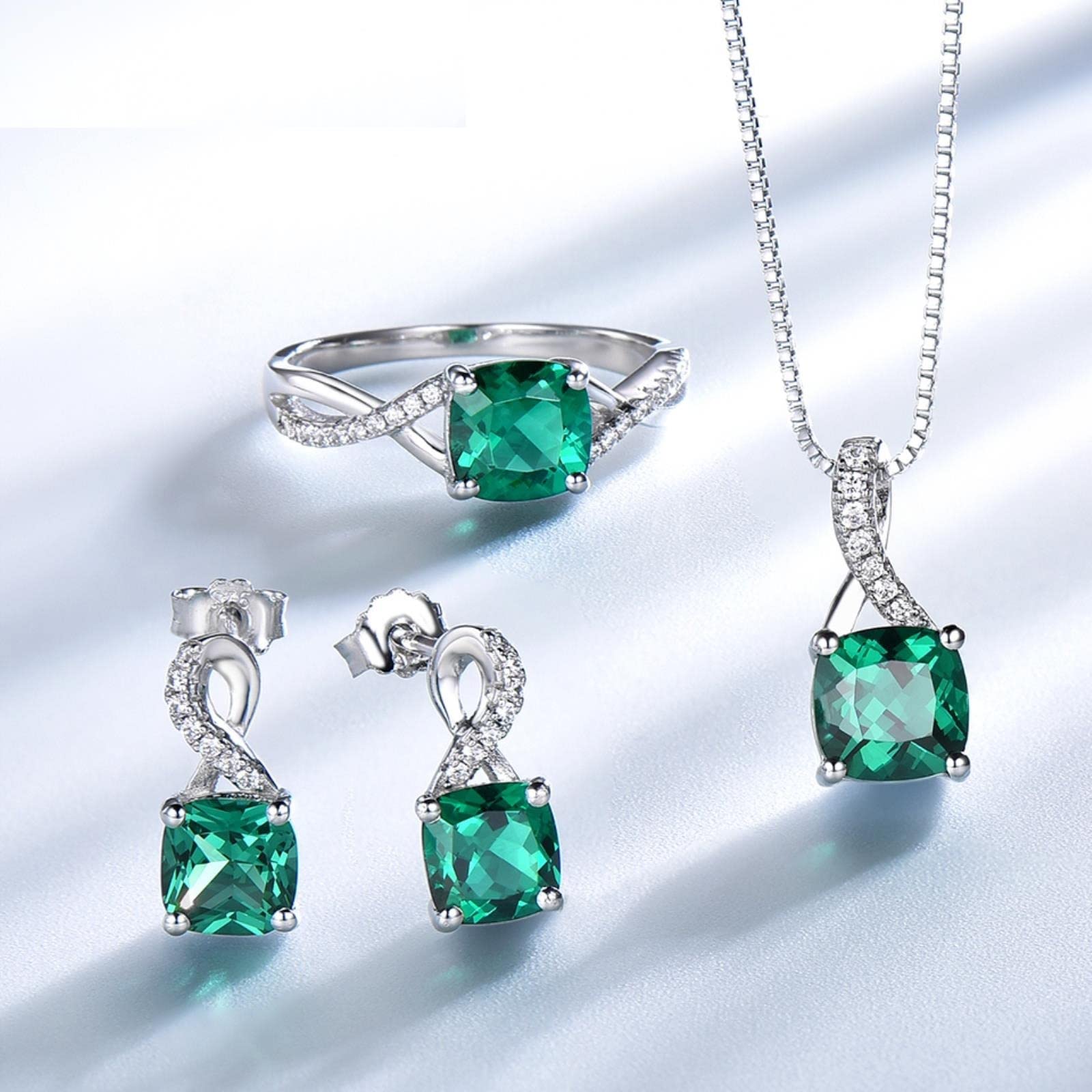 Eleganti Collane in Argento Sterling 925, Anelli, Orecchini, Quadrato, Creato, Regalo di Nozze di Smeraldo per Le Donne, Set di Gioielli Raffinati